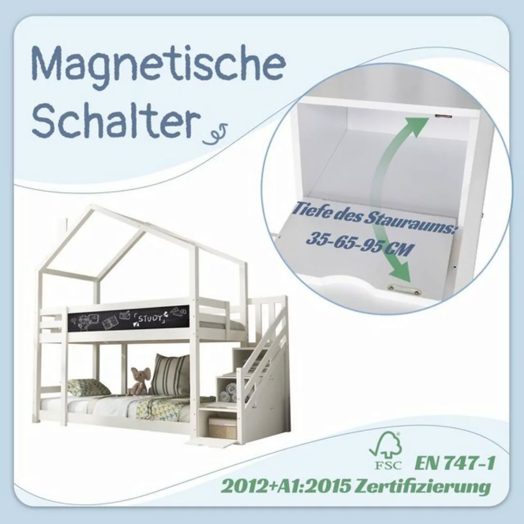 Flieks Etagenbett, Hochbett Hausbett Treppe mit 3 Schubladen Kiefer 90x200c günstig online kaufen