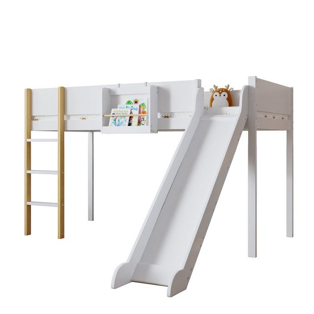 HAUSS SPLOE Kinderbett Hochbett 90x200cm mit Leiter, Rutsche, Regal, Weiß N günstig online kaufen