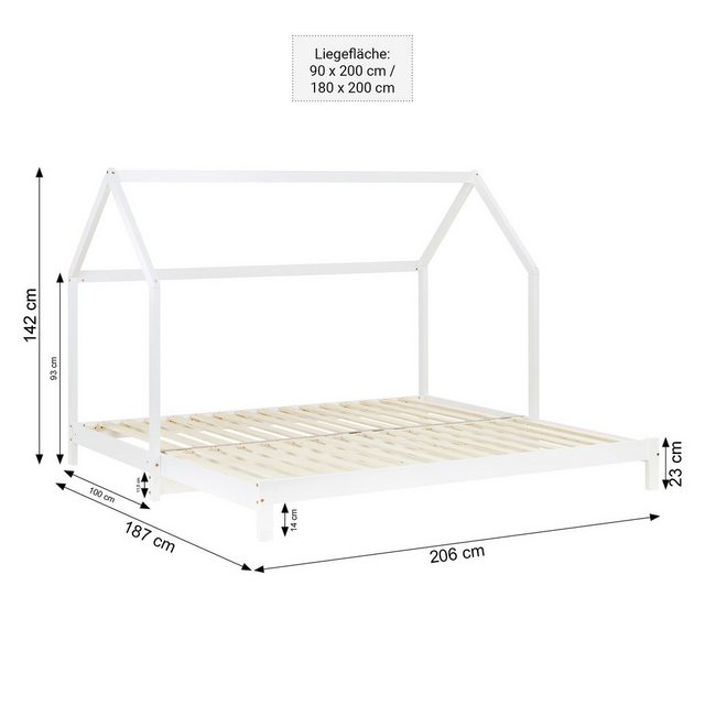 Homestyle4u Holzbett 90x200 Kinderbett Hausbett Weiß Ausziehbett auf 187 cm günstig online kaufen