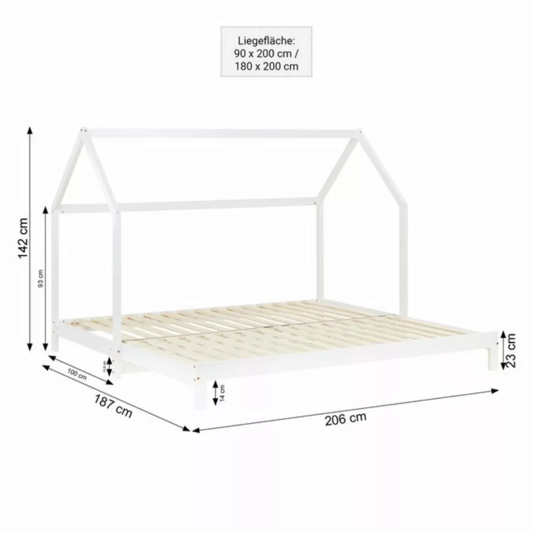 Homestyle4u Holzbett 90x200 Kinderbett Hausbett Weiß Ausziehbett auf 187 Fa günstig online kaufen