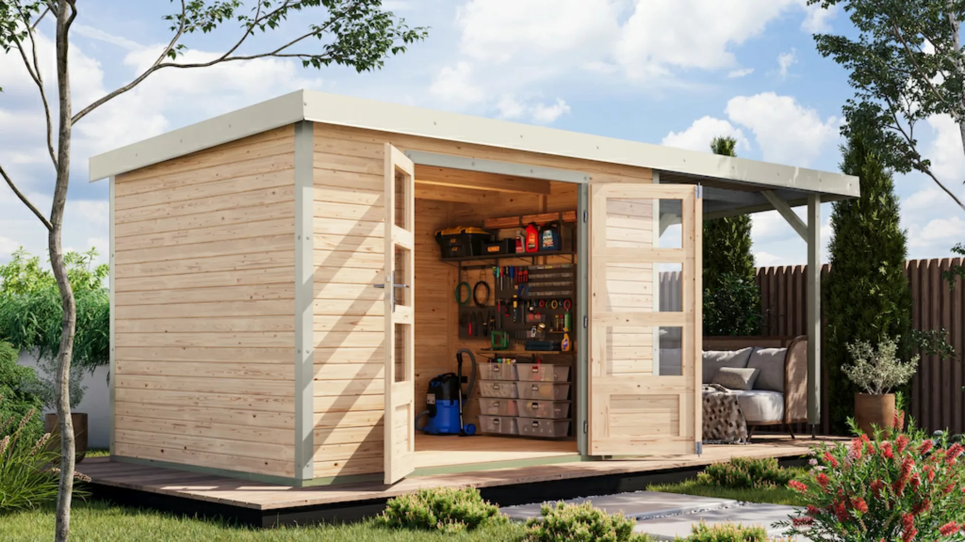 Karibu Gartenhaus ""Jupiter 4 D" SET wassergrau, mit Anbaudach 2,35 m breit günstig online kaufen