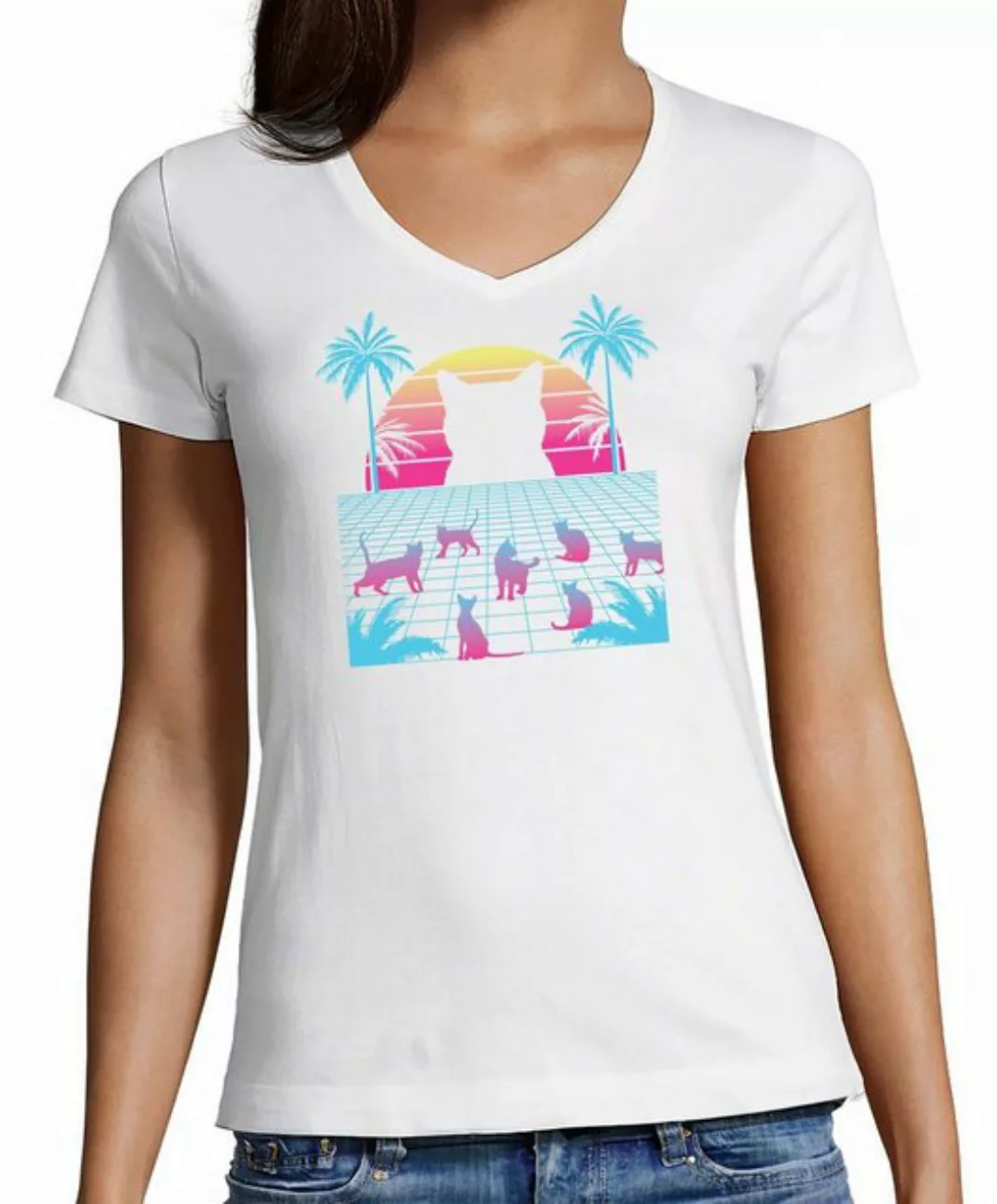 MyDesign24 T-Shirt Damen Katzen Print Shirt bedruckt - Katze im bunten Comp günstig online kaufen