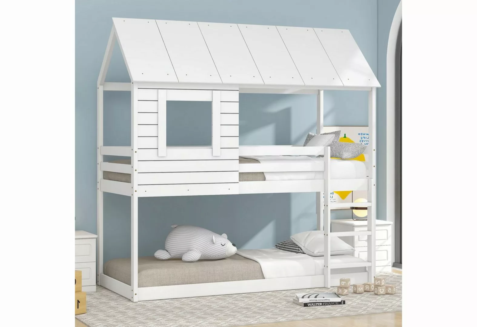 Celya Kinderbett Holz Etagenbett Hausbett 90x200 cm, Kinder Bett mit Dach, günstig online kaufen