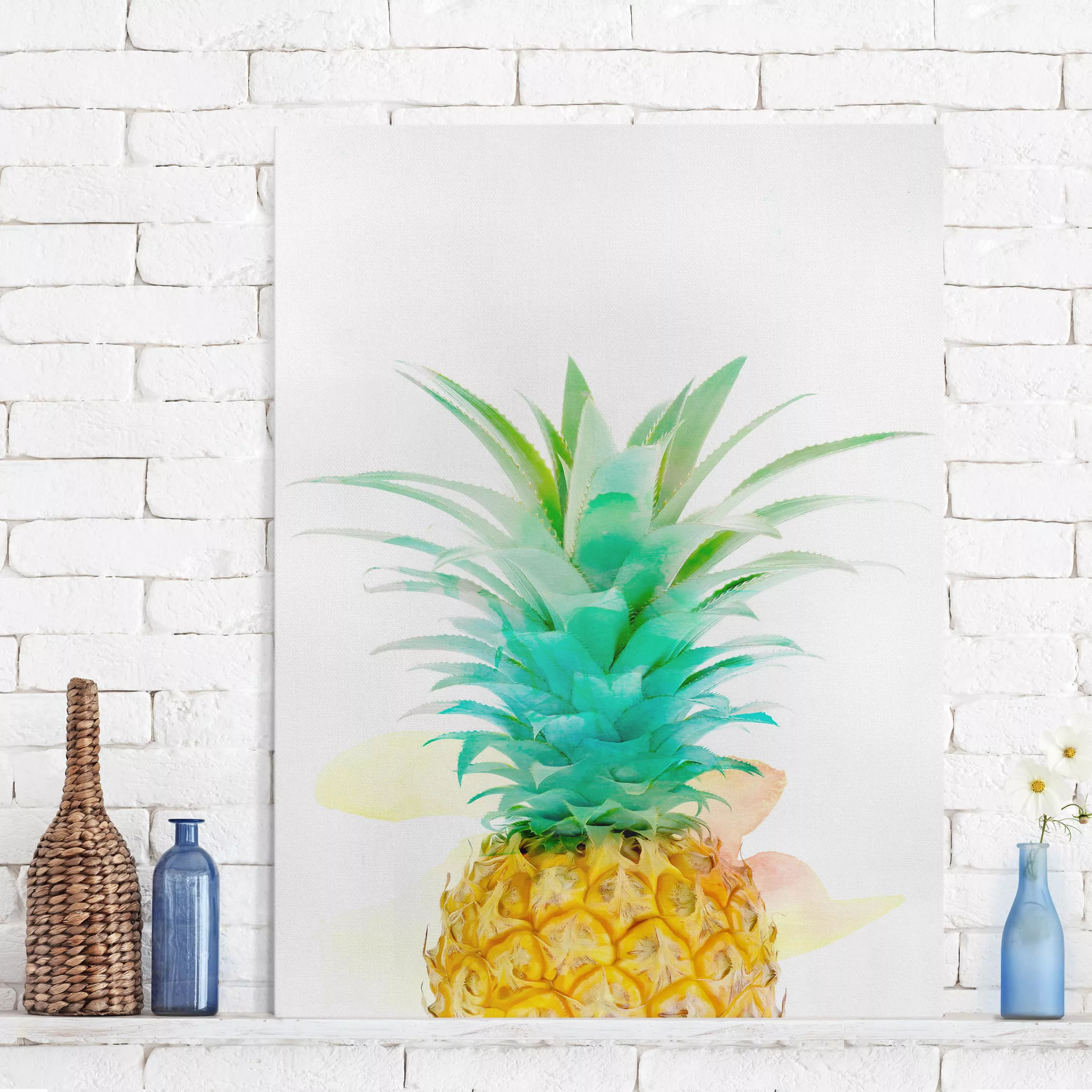 Leinwandbild Küche - Hochformat Ananas Aquarell günstig online kaufen