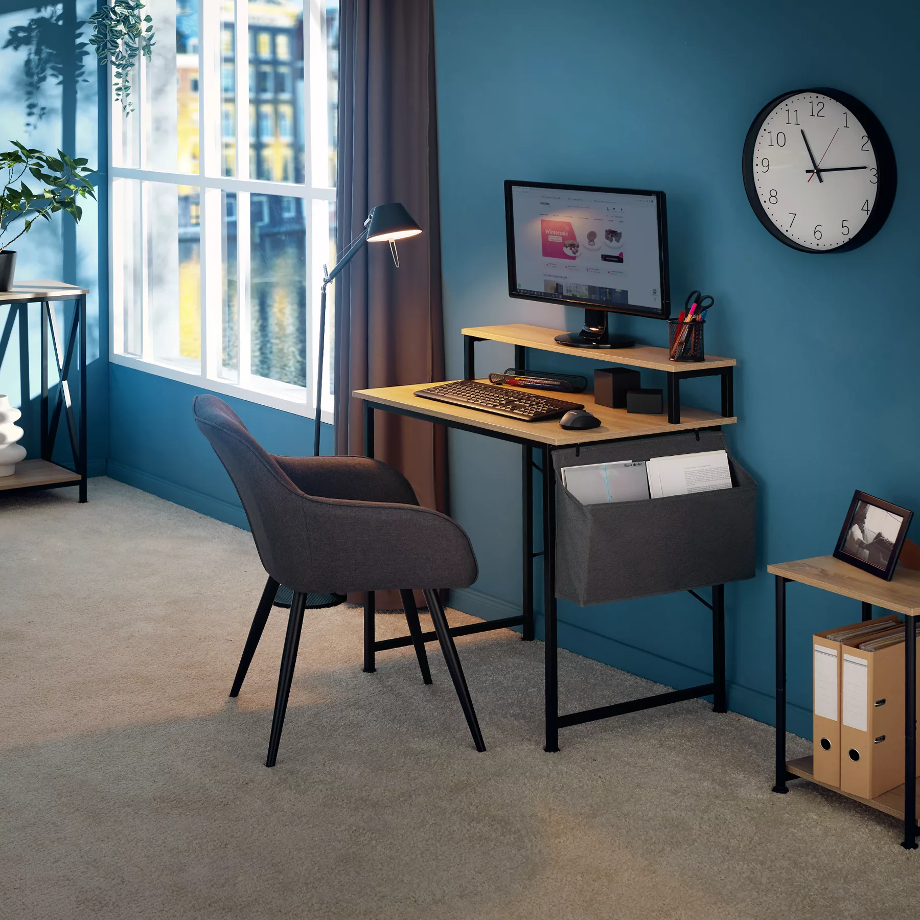 Schreibtisch mit Ablage und Stofftasche - Industrial Holz hell, Eiche Sonom günstig online kaufen