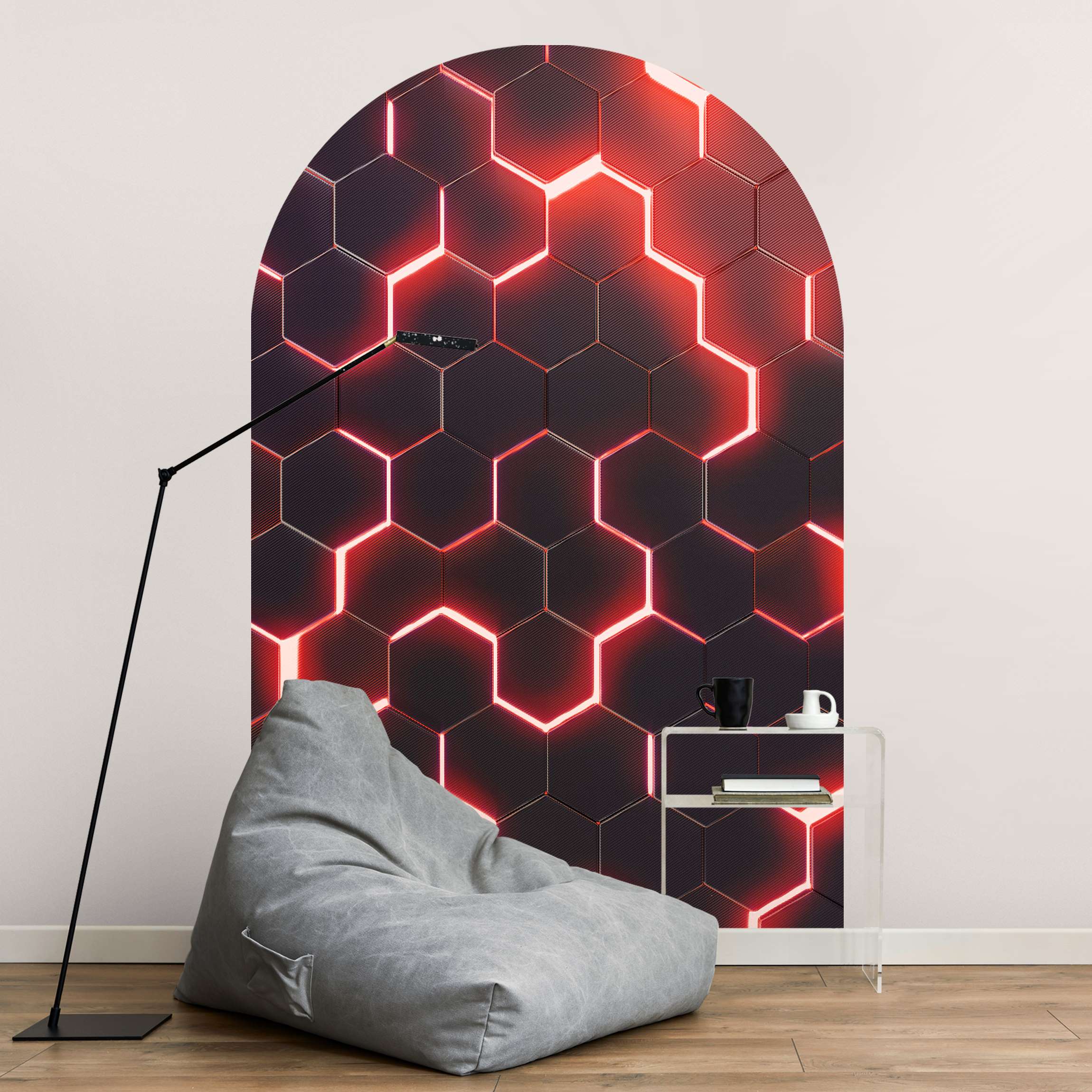 Rundbogen Tapete Strukturierte Hexagone mit Neonlicht in Rot günstig online kaufen