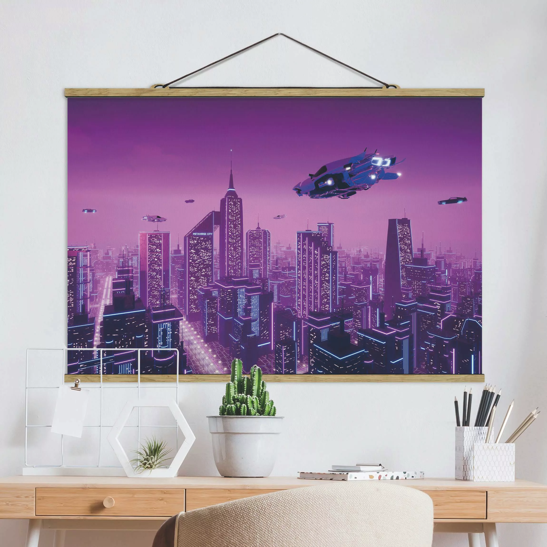 Stoffbild mit Posterleisten Stadt im Neonlicht mit Raumschiffen günstig online kaufen