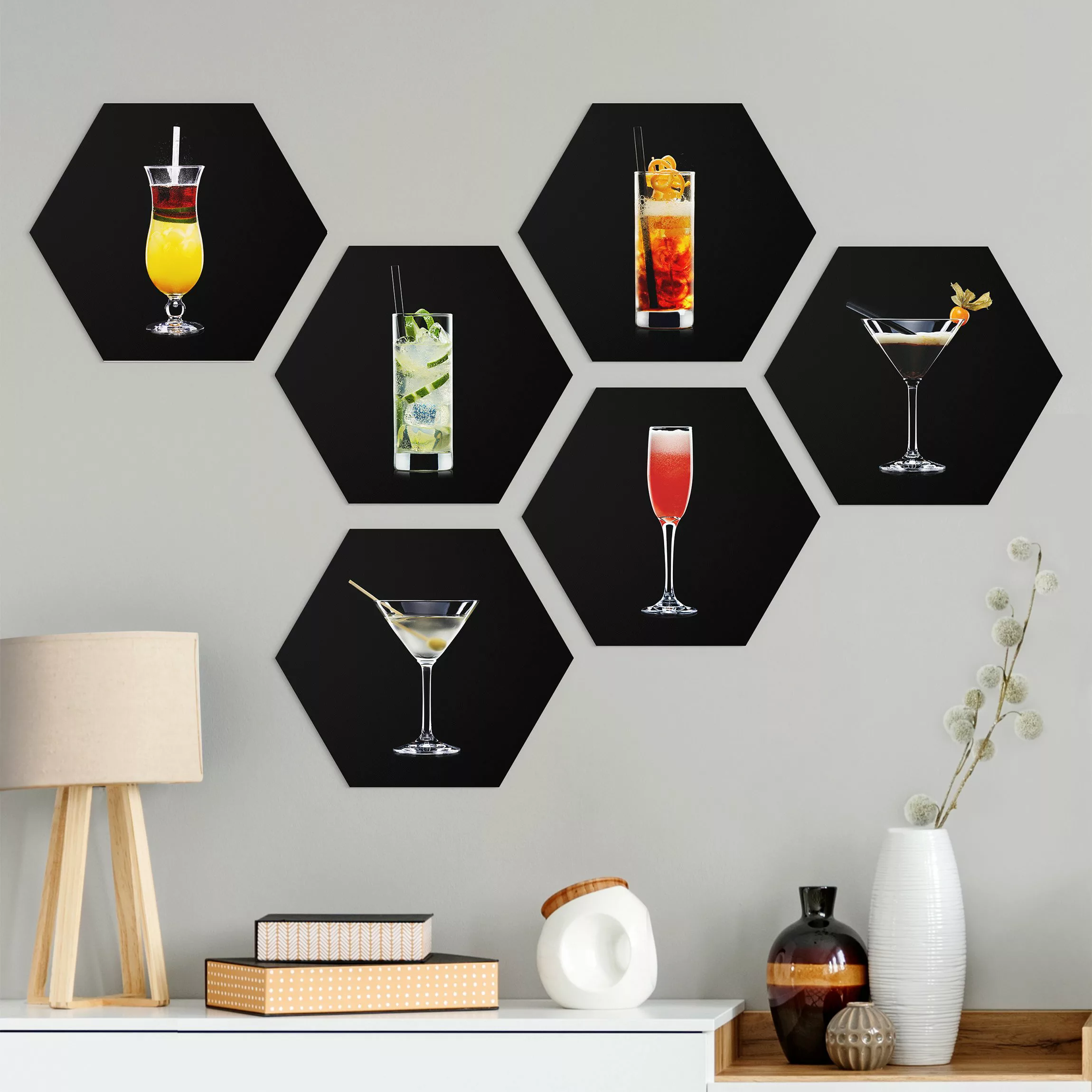 6-teiliges Hexagon-Forexbild Cocktail Set auf Schwarz Set II günstig online kaufen