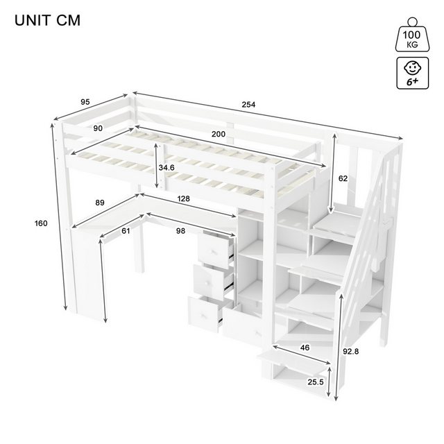 Flieks Hochbett Kinderbett 90x200cm mit Schreibtisch Schubladen Schrank Sta günstig online kaufen