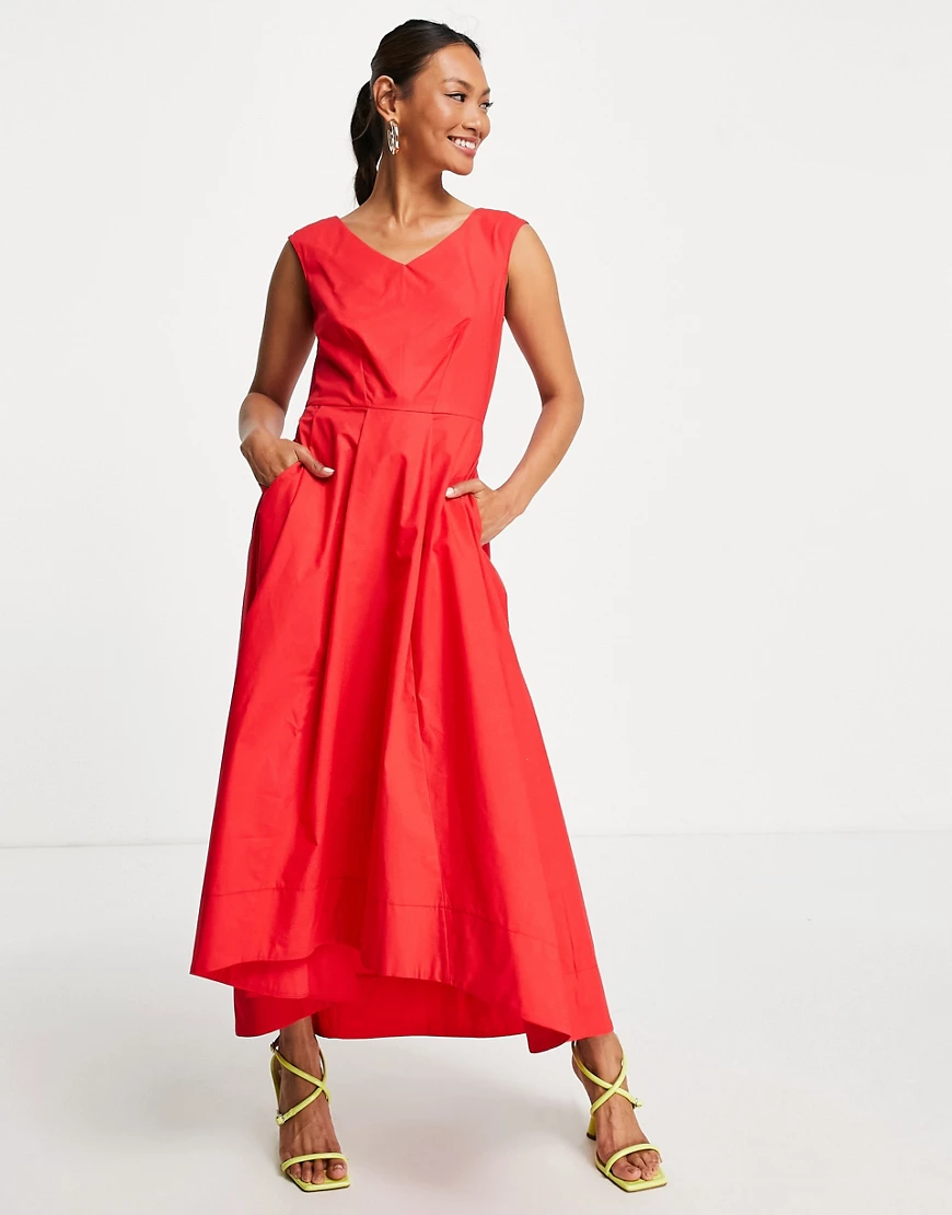 Closet London – Gewebtes Midaxikleid in Rot mit nach hinten abfallendem Sau günstig online kaufen