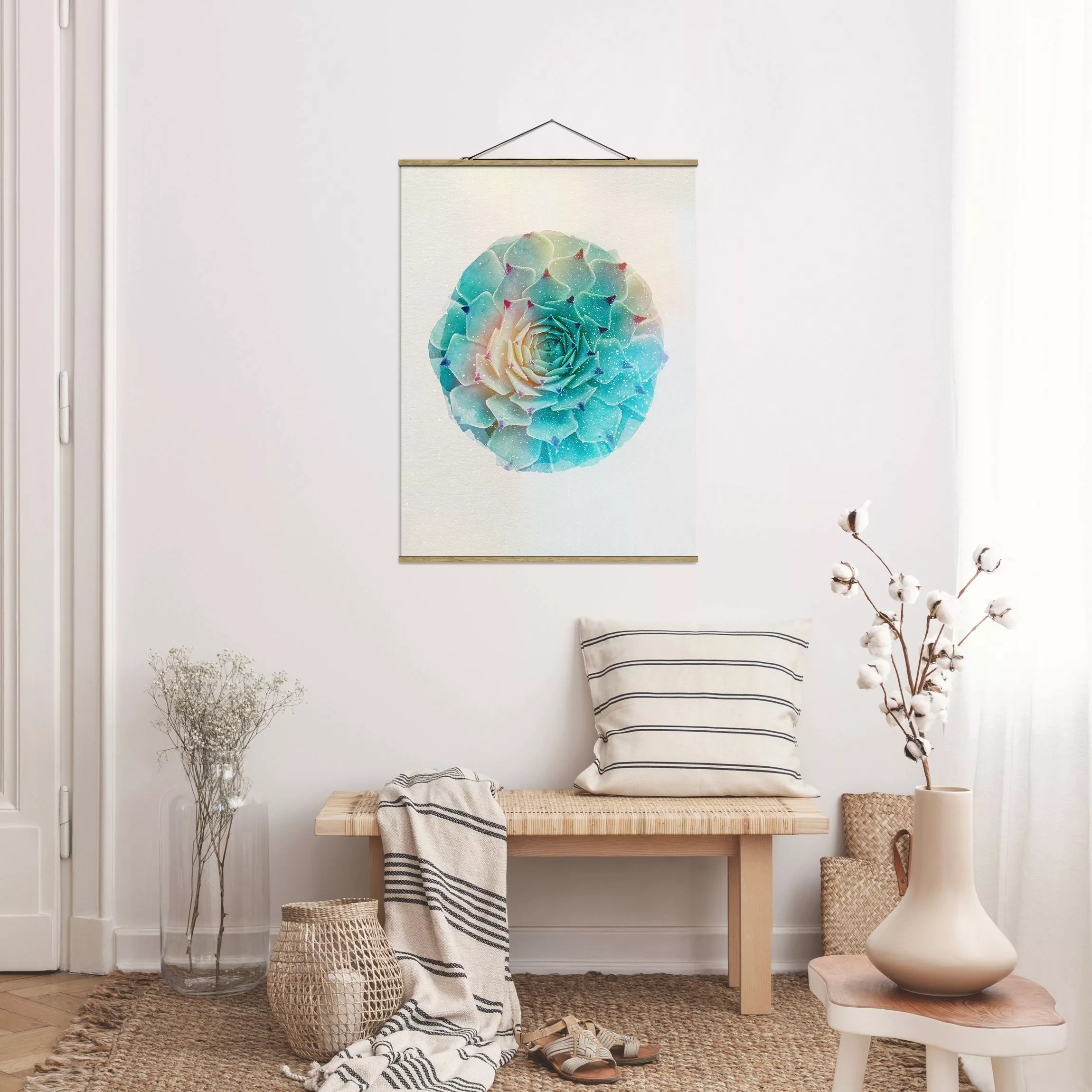 Stoffbild Blumen mit Posterleisten - Hochformat Wasserfarben - Kaktus Agave günstig online kaufen