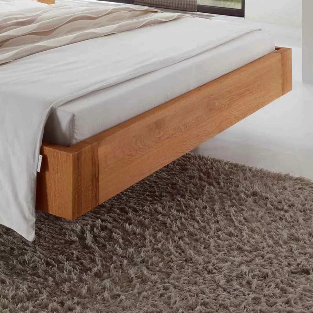 Schlafzimmer Bett aus Eiche Massivholz Polsterkopfteil in Grau Stoff günstig online kaufen