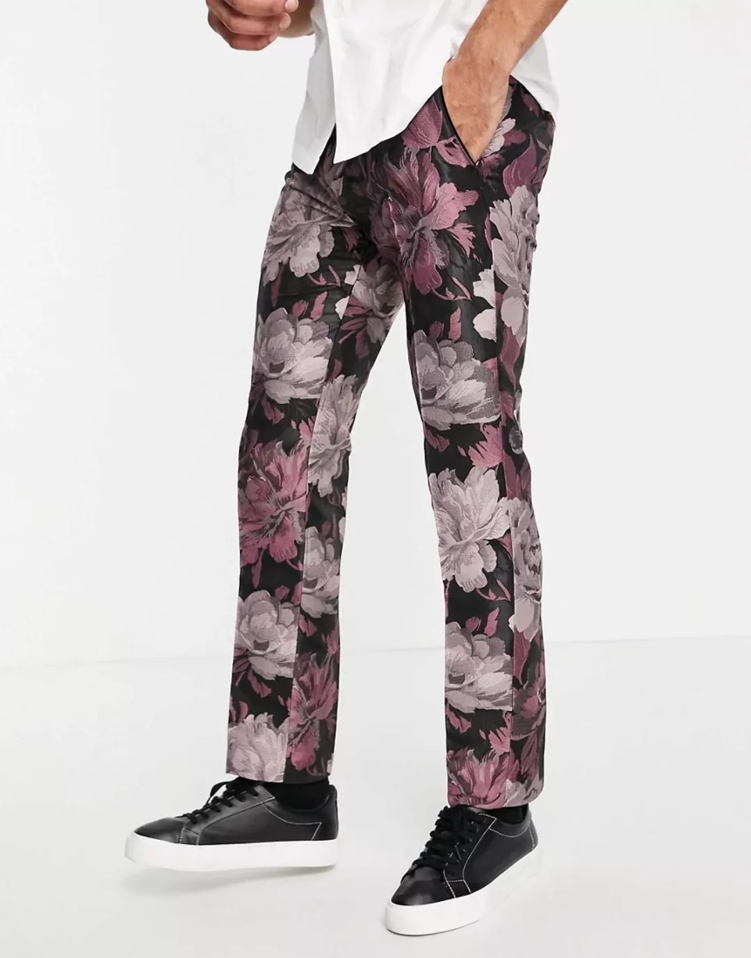 Twisted Tailor – Jacquard-Anzughose in Schwarz mit rosa Blumenmuster günstig online kaufen