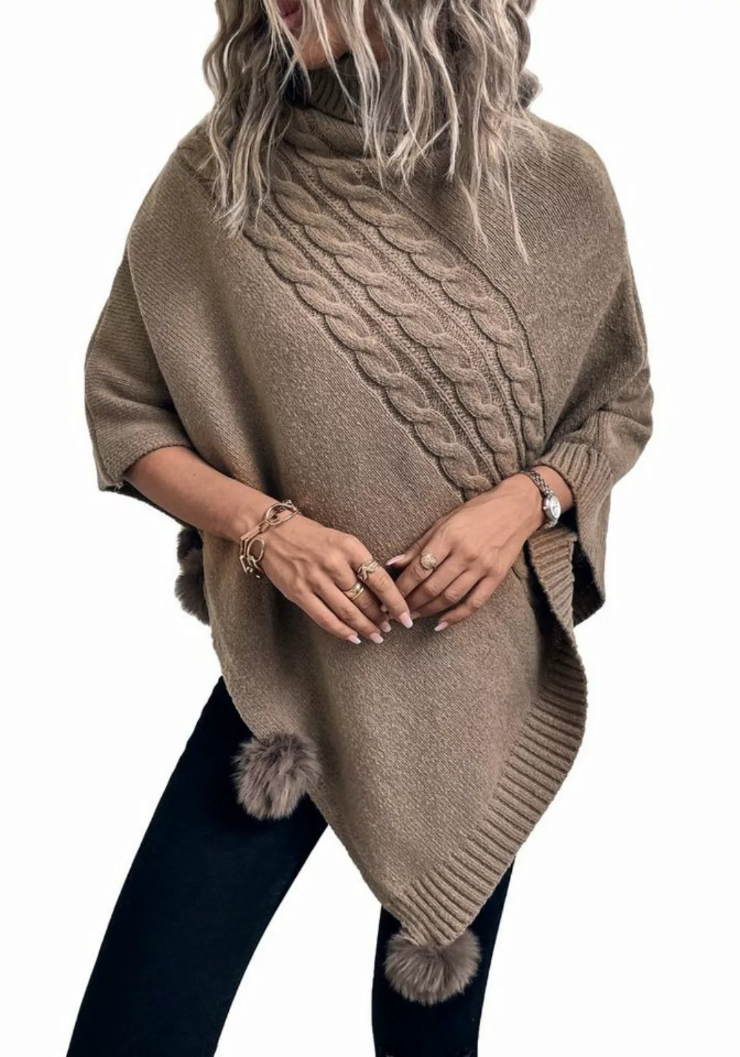 Vivi Idee Strickponcho Damen Strickponcho mit Kragen, Winter warme Schal Pu günstig online kaufen