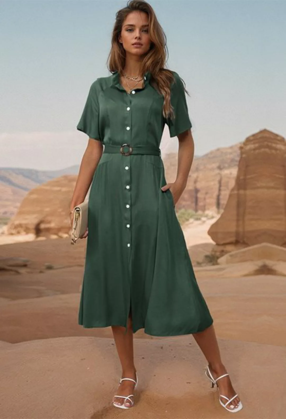 SEGUEN Strandkleid Grünes Sommerkleid mit Revers für Damen, einreihig (Klei günstig online kaufen