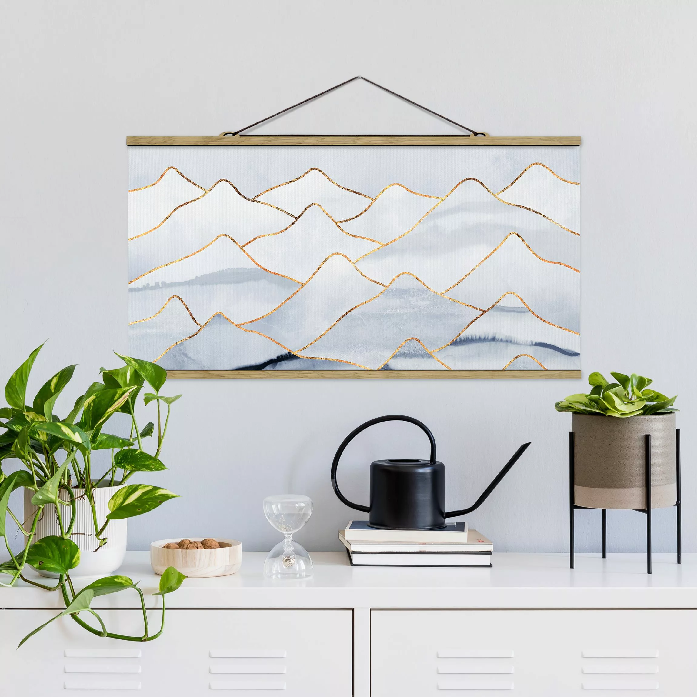 Stoffbild Abstrakt mit Posterleisten - Querformat Aquarell Berge Weiß Gold günstig online kaufen