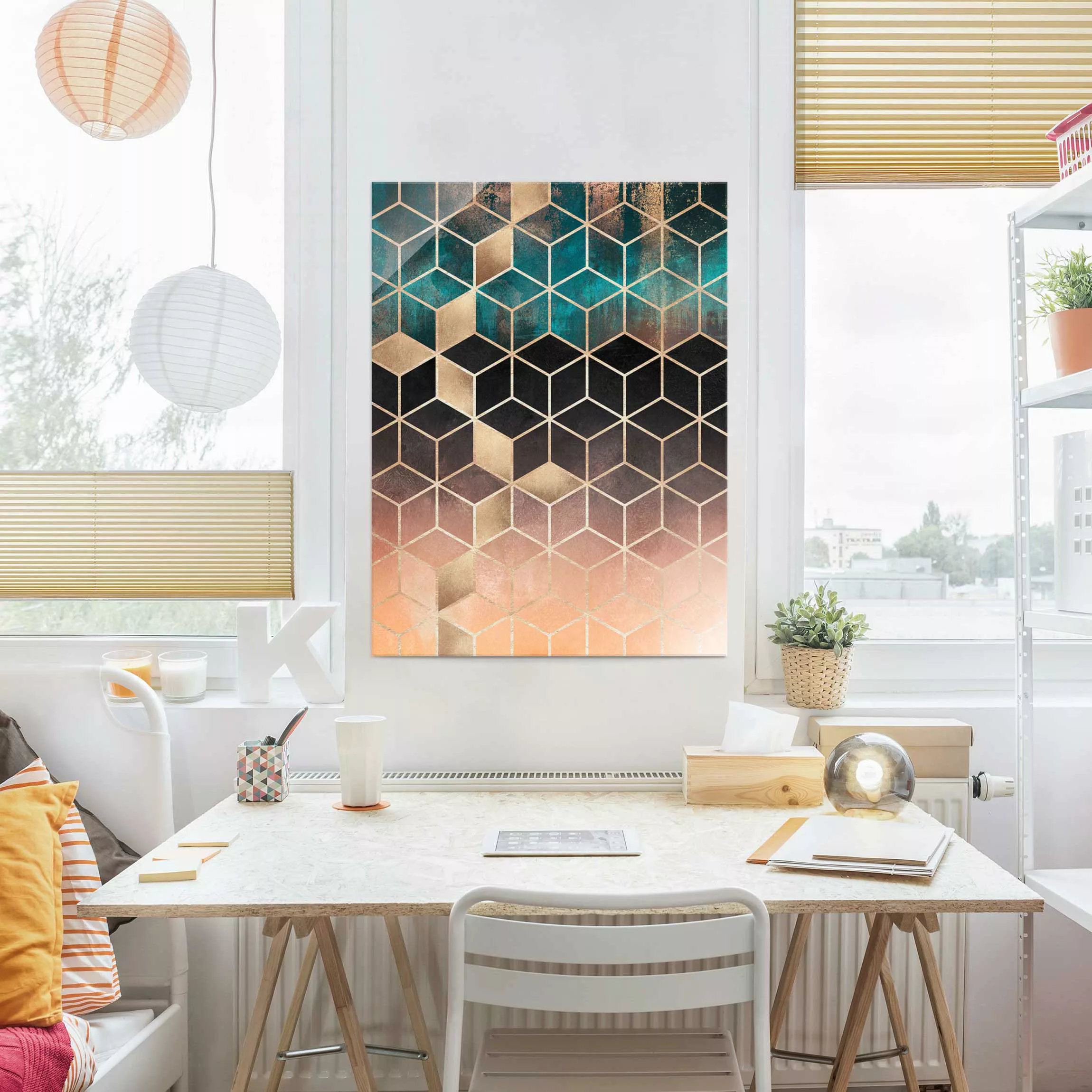 Glasbild - Hochformat Türkis Rosé goldene Geometrie günstig online kaufen