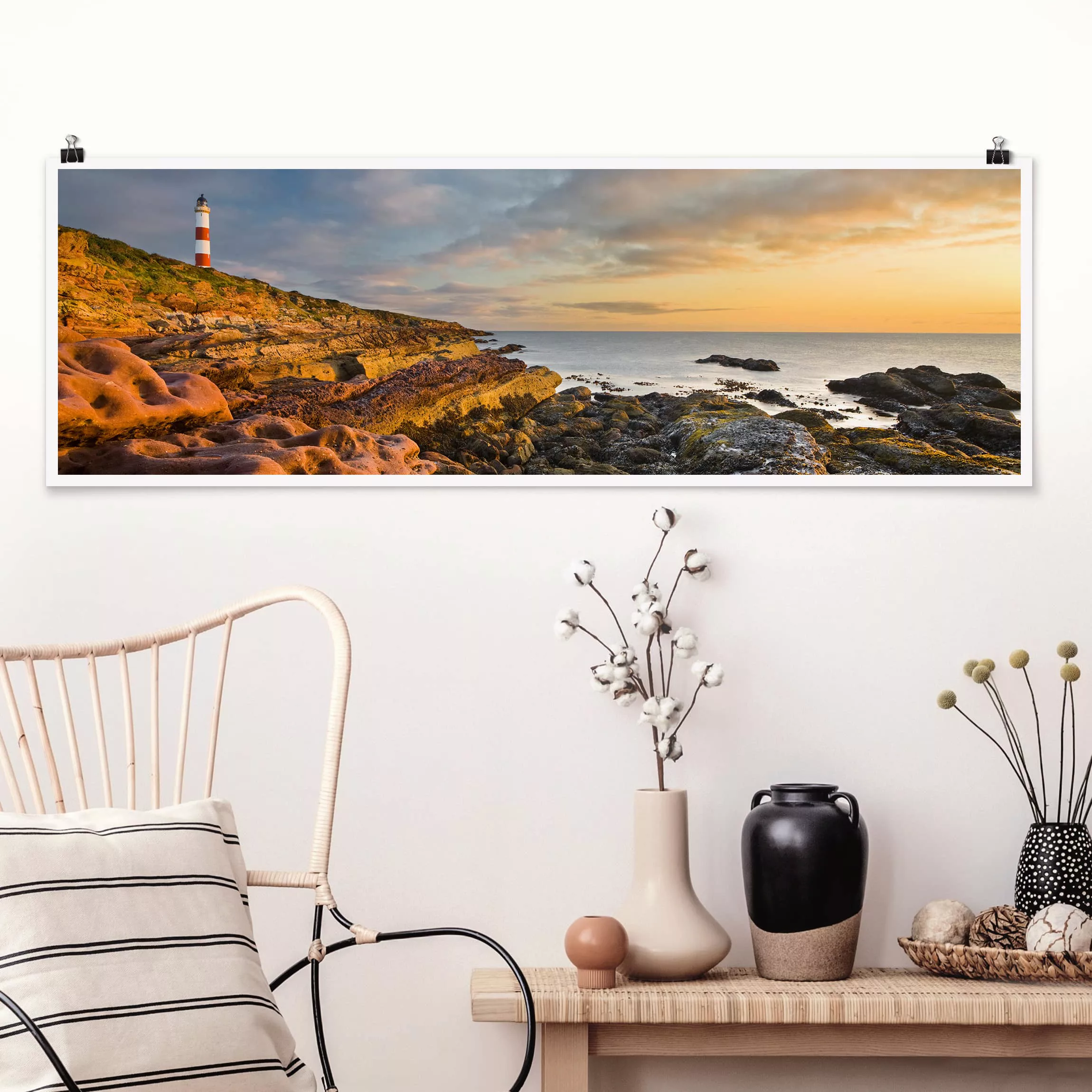 Panorama Poster Strand Tarbat Ness Leuchtturm und Sonnenuntergang am Meer günstig online kaufen