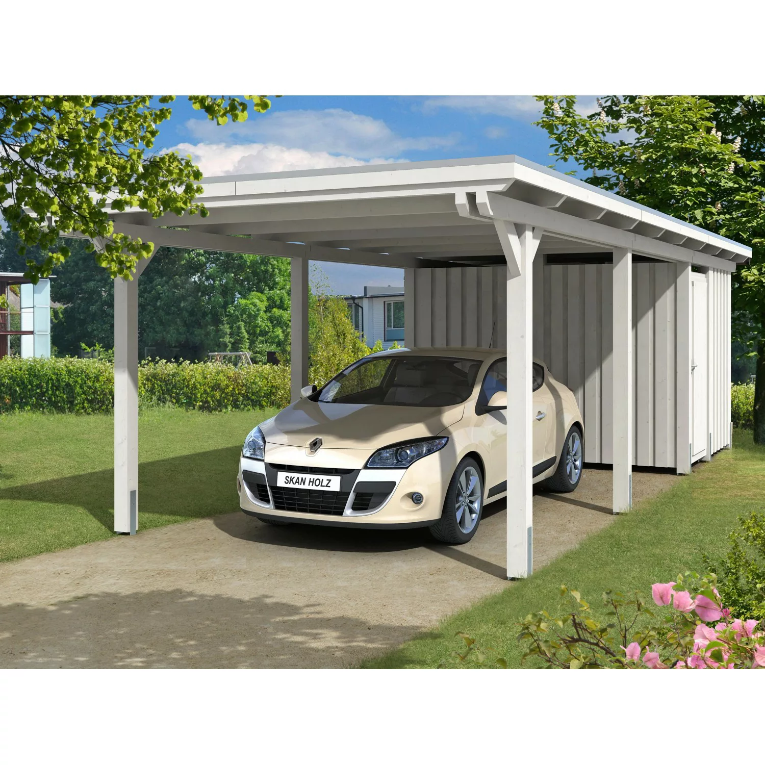 Skan Holz Einzelcarport Leimholz Weiß 354 cm x 846 cm mit Abstellraum günstig online kaufen