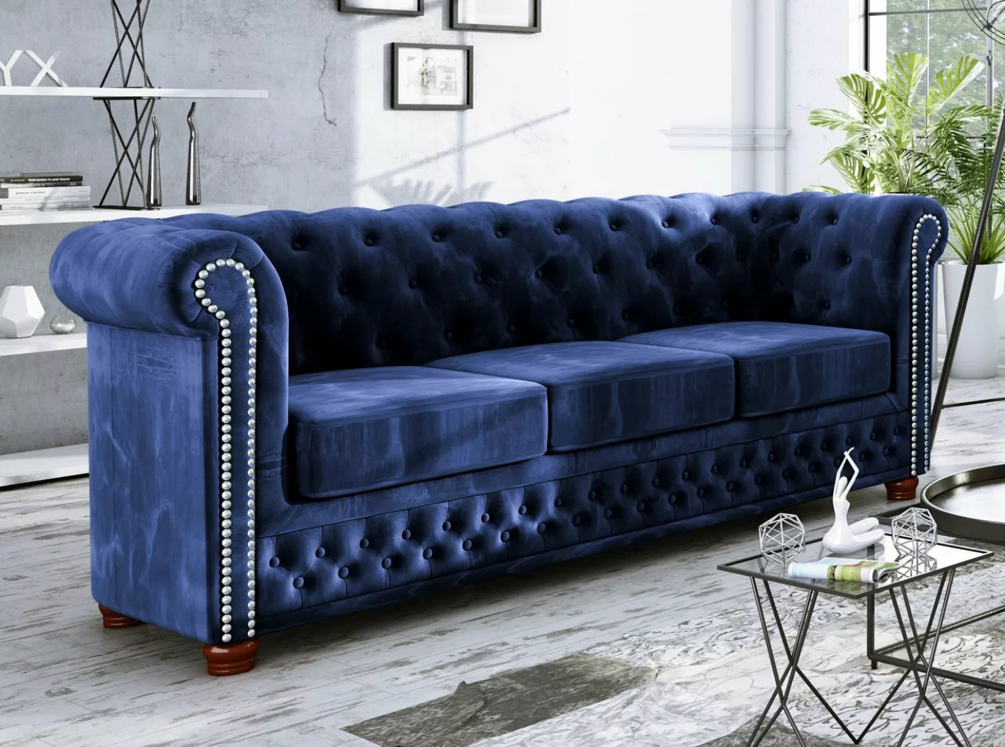 S-Style Möbel Chesterfield-Sofa Leeds 3-Sitzer aus Samt-Stoff mit Holzfüßen günstig online kaufen