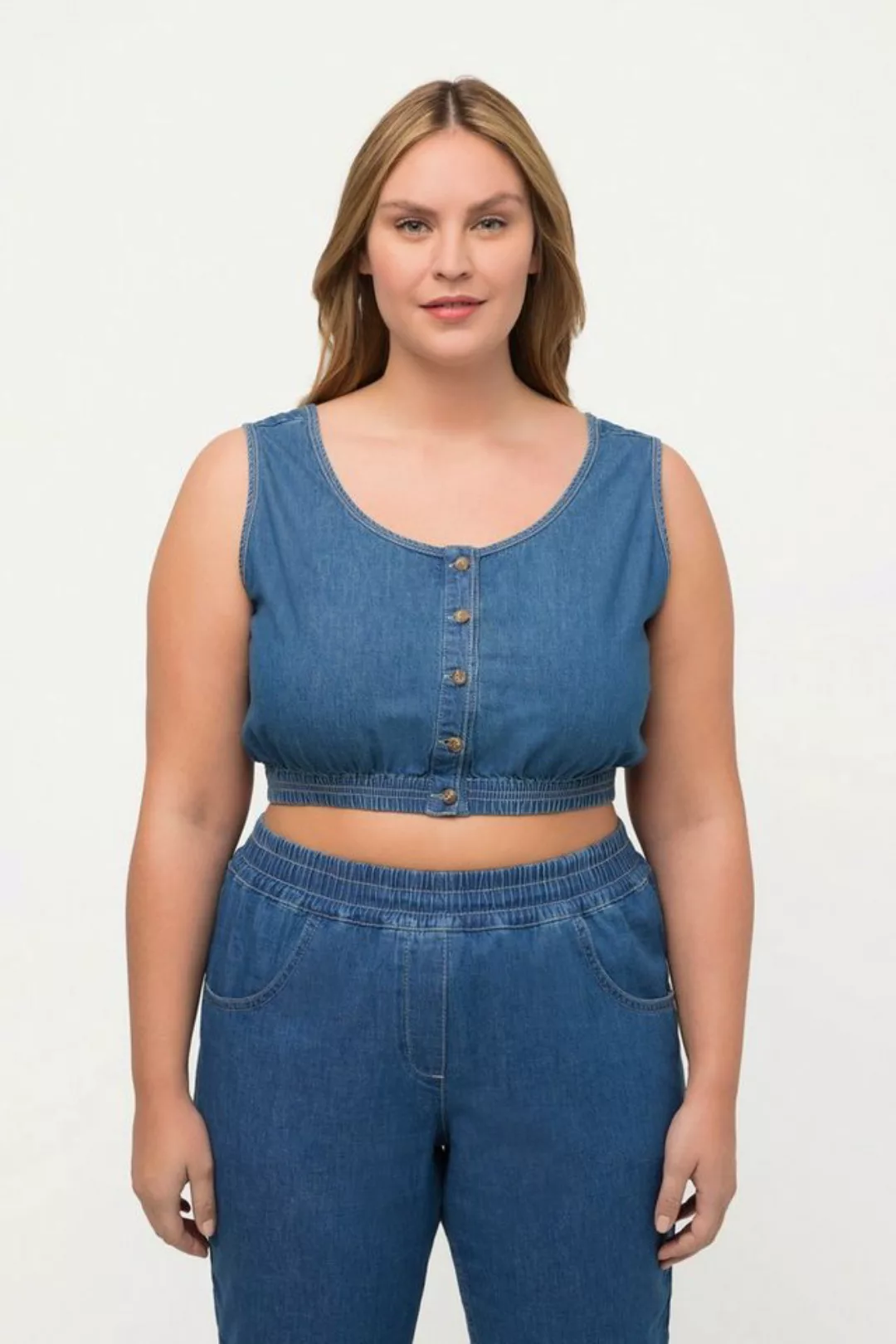 Ulla Popken Spitzenbluse Bustier Jeansoptik Rundhals Biobaumwolle günstig online kaufen