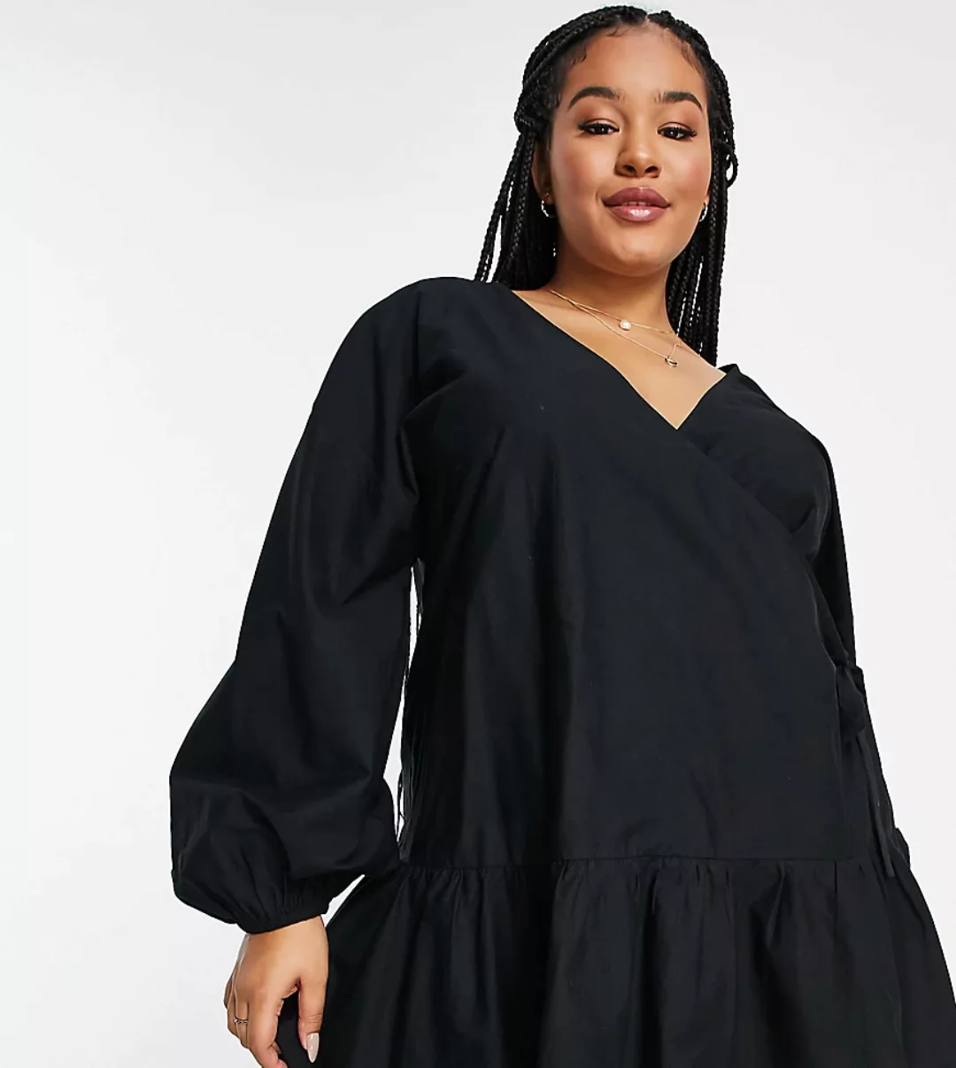 ASOS DESIGN Curve – Mini-Wickelkleid aus Baumwoll-Popeline in Schwarz günstig online kaufen