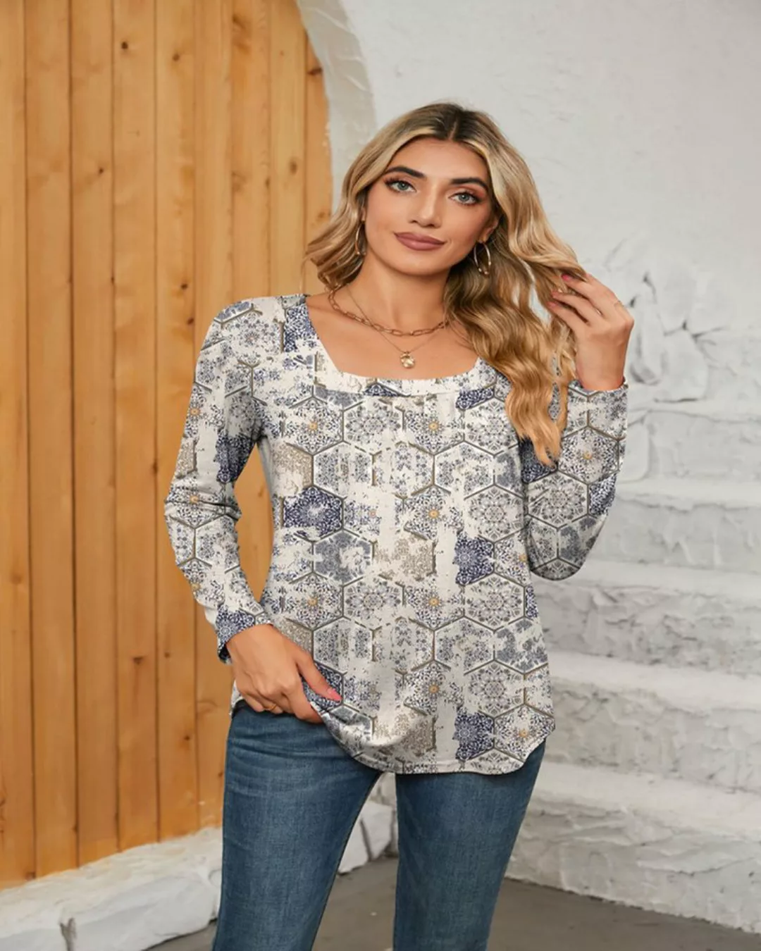 RUZU UG Blusentop Shirt Tops Damen Sommer Langarm Square Neck Kurzarmshirts günstig online kaufen