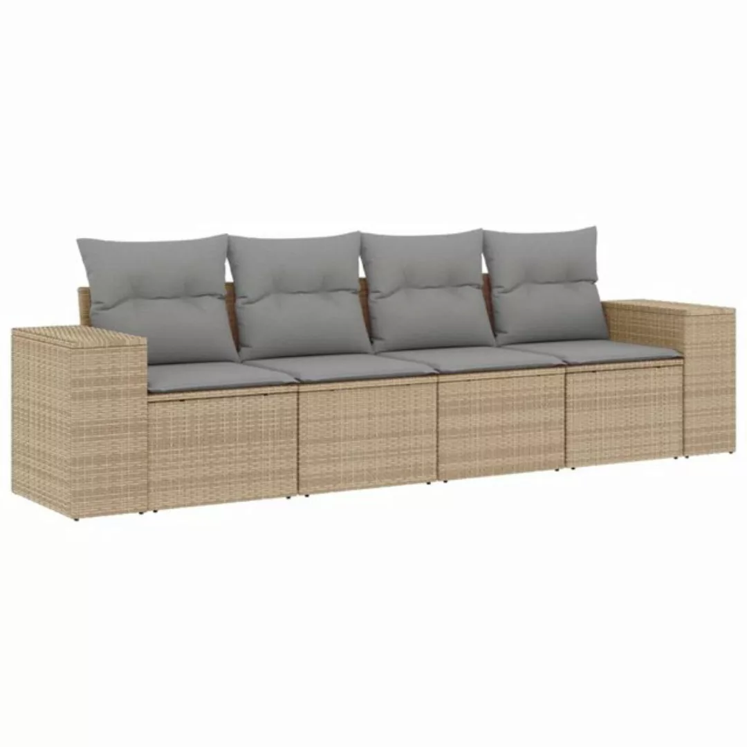 vidaXL Loungesofa 4-tlg. Garten-Sofagarnitur mit Kissen Beige Poly Rattan, günstig online kaufen