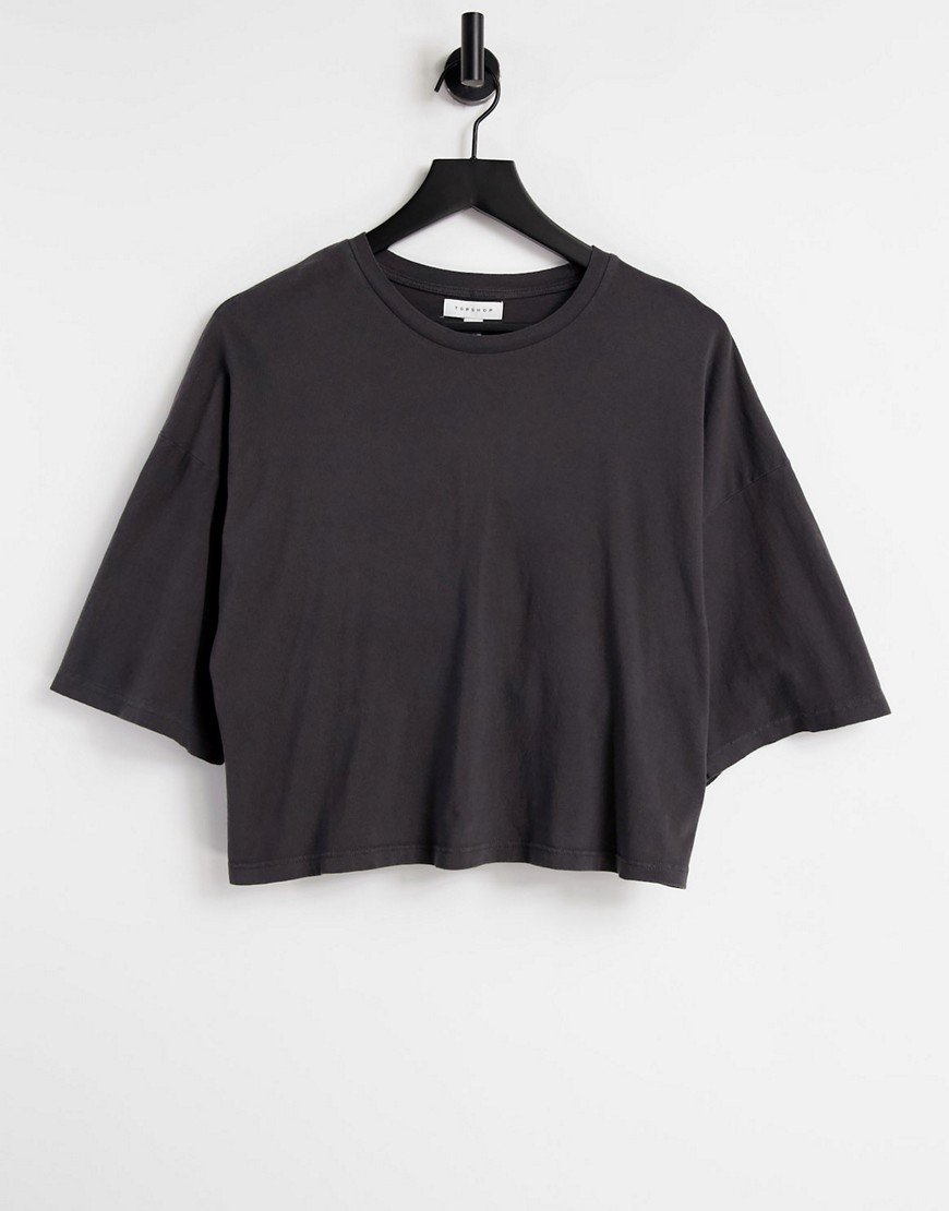 Topshop – Kurzärmliges, kastenförmiges T-Shirt in Schwarz günstig online kaufen