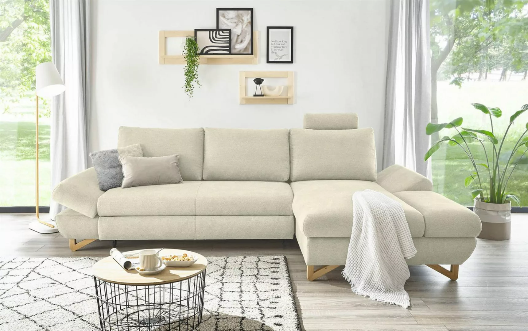 Design-Wohngalerie Sofa Ecksofa Halsta - Strukturstoff Beige, Recamiere rec günstig online kaufen