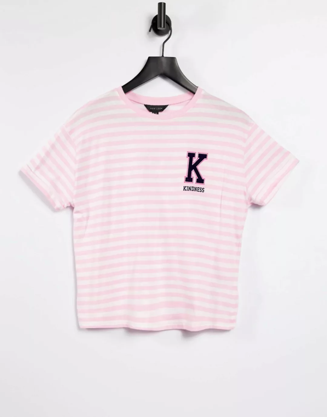 New Look – Collegiate – Kastenförmiges T-Shirt in Rosa gestreift mit Kindne günstig online kaufen