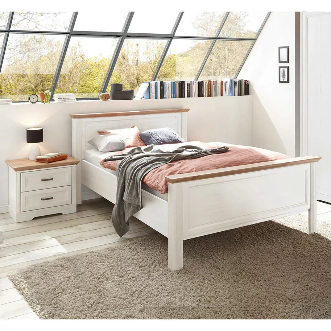 Schlafzimmer Set 2-teilig Bett 140x200cm Pinie weiß mit Eiche JÜLICH-77 günstig online kaufen