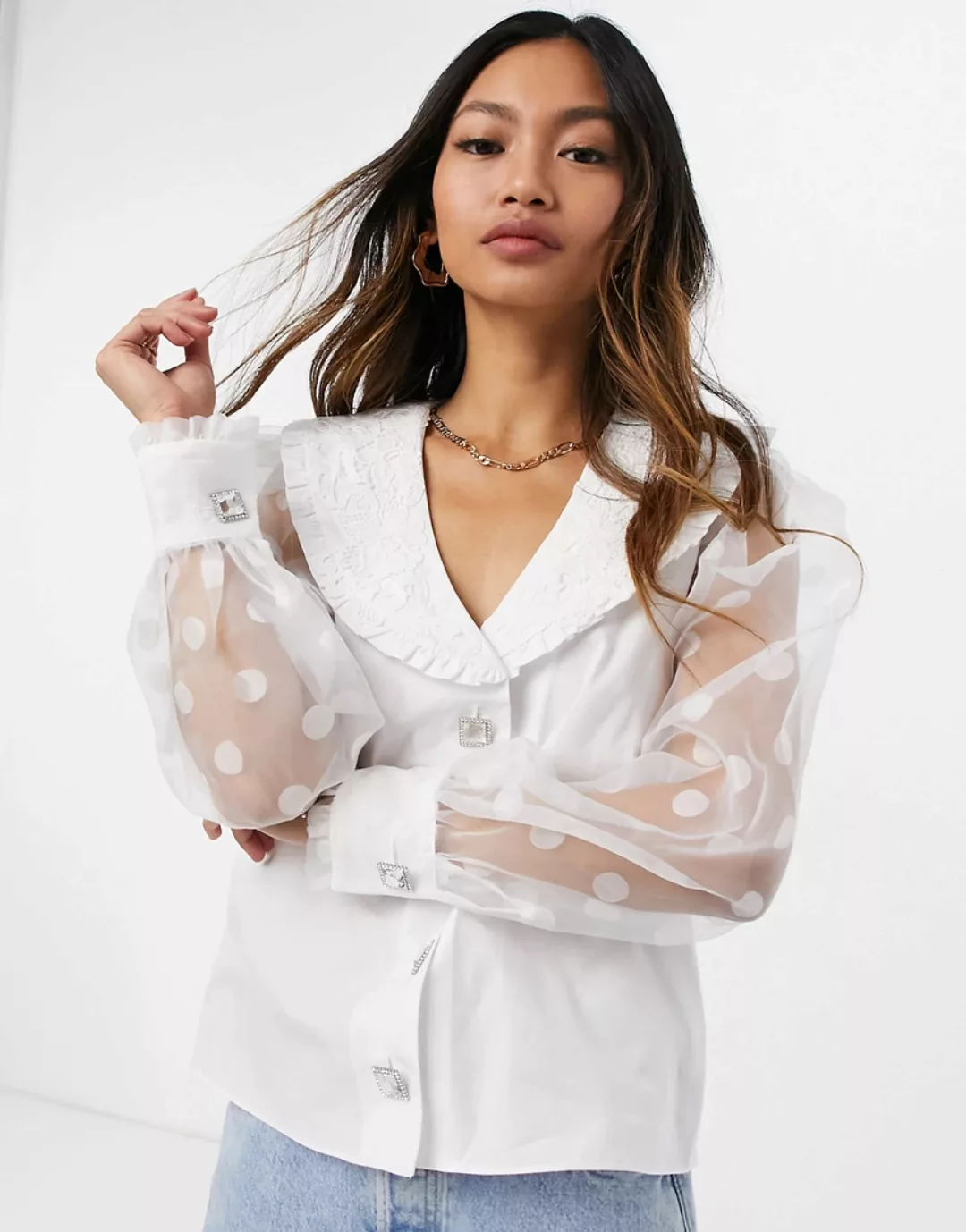 River Island – Bluse mit Popelinekragen und Puffärmeln in Weiß günstig online kaufen