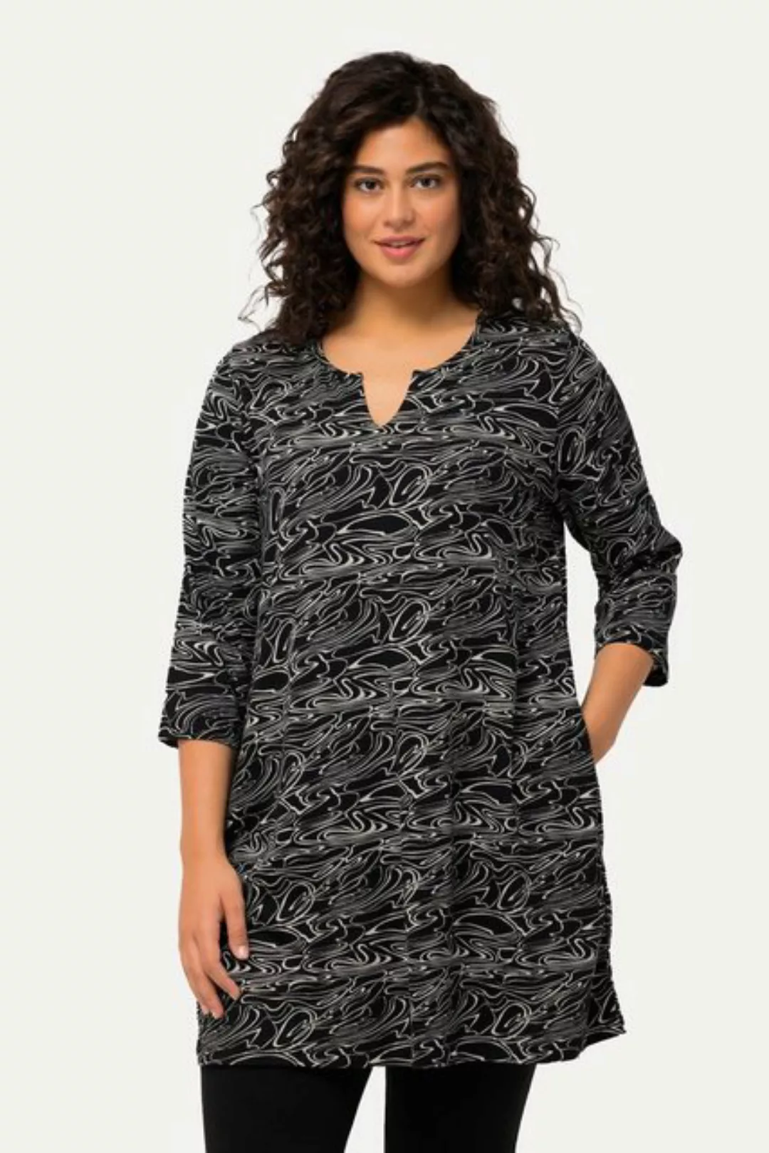 Ulla Popken Longshirt Longshirt Wellen A-Linie Tunika-Ausschnitt 3/4-Arm günstig online kaufen