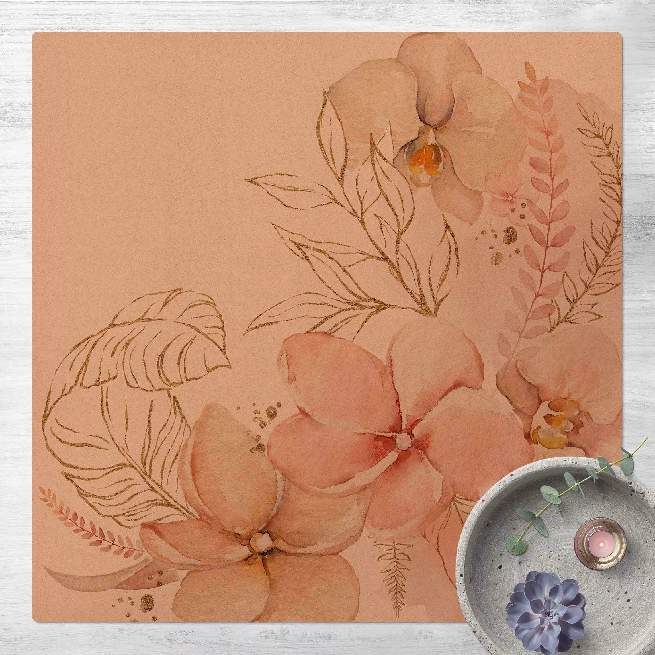 Kork-Teppich Zartes Frangipani Bouquet mit Orchideen günstig online kaufen