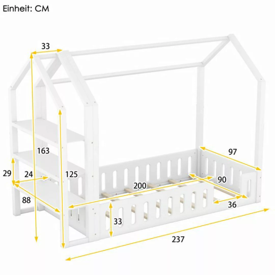 KoDise Kinderbett 90 x 200cm Hausbett Bettgestell mit Geländer, 3 Regalen ( günstig online kaufen