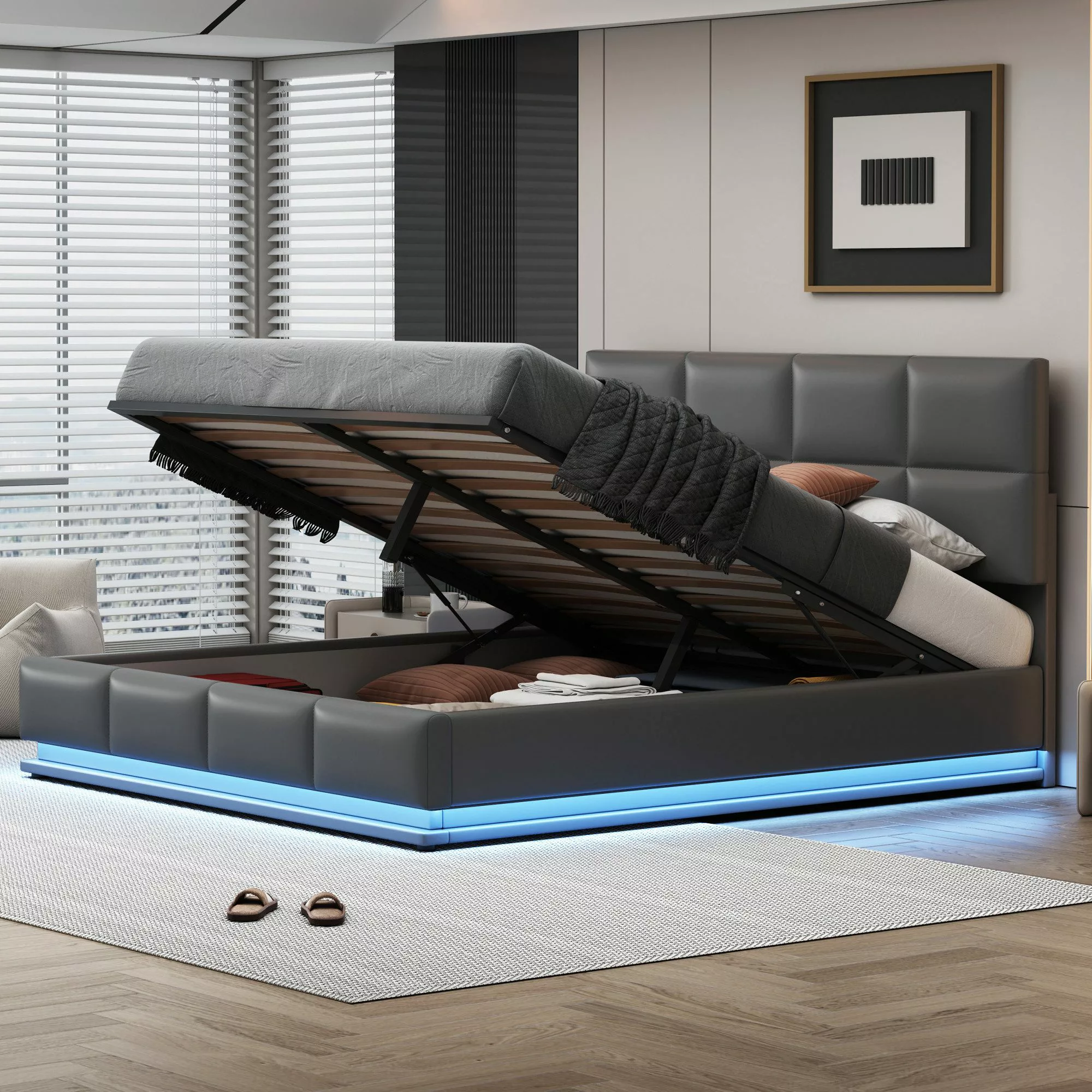 Flieks Polsterbett, LED hydraulisches Doppelbett Kunstleder günstig online kaufen