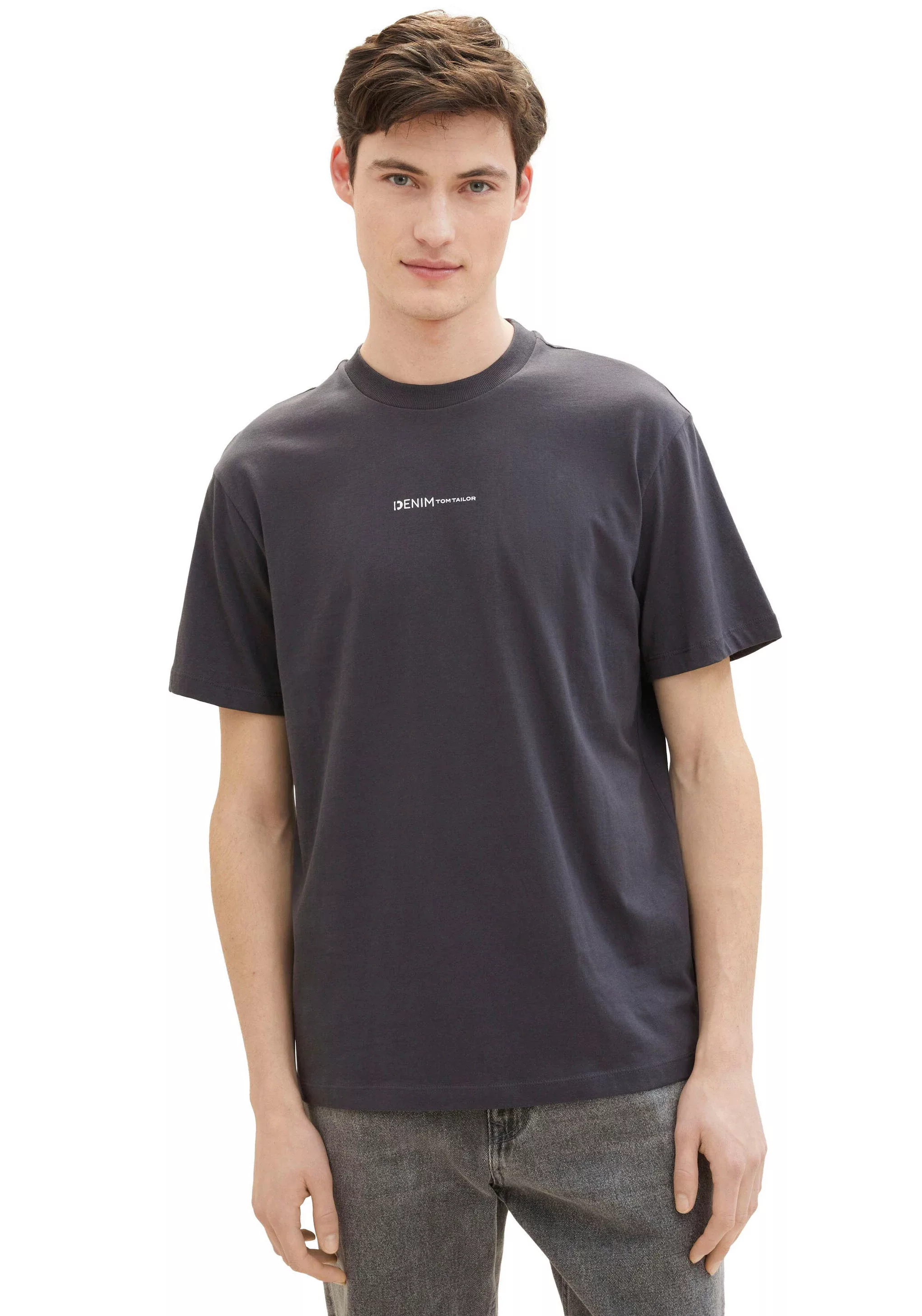 TOM TAILOR Denim Rundhalsshirt, mit Logo-Print und aus reiner Baumwolle günstig online kaufen