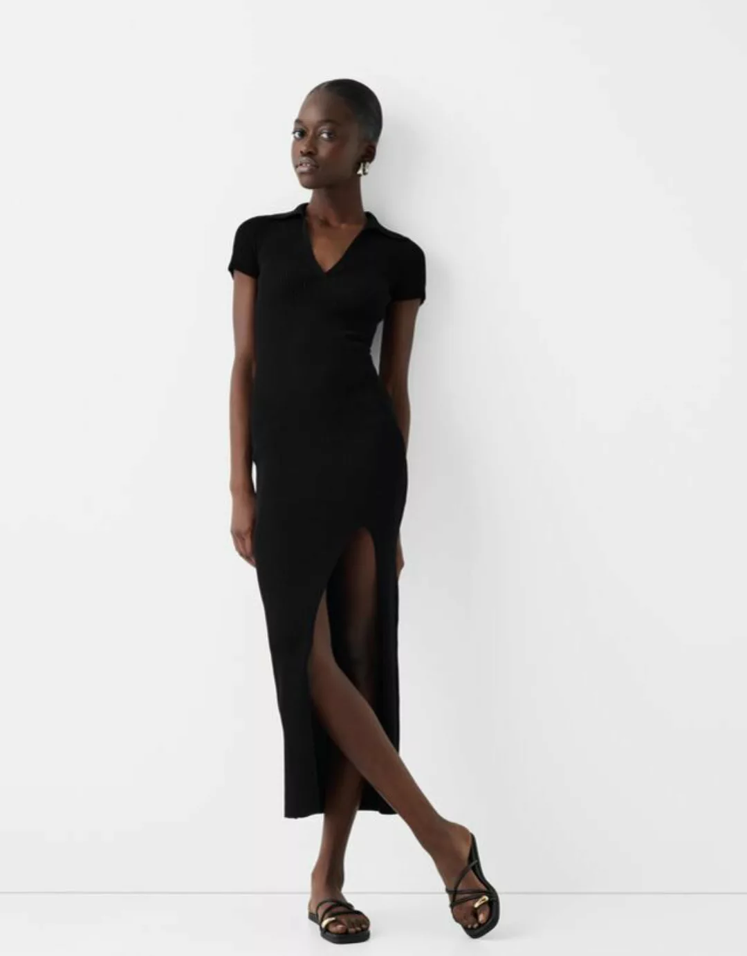 Bershka Midikleid Mit Kurzen Ärmeln Und Polo-Kragen Damen M Schwarz günstig online kaufen