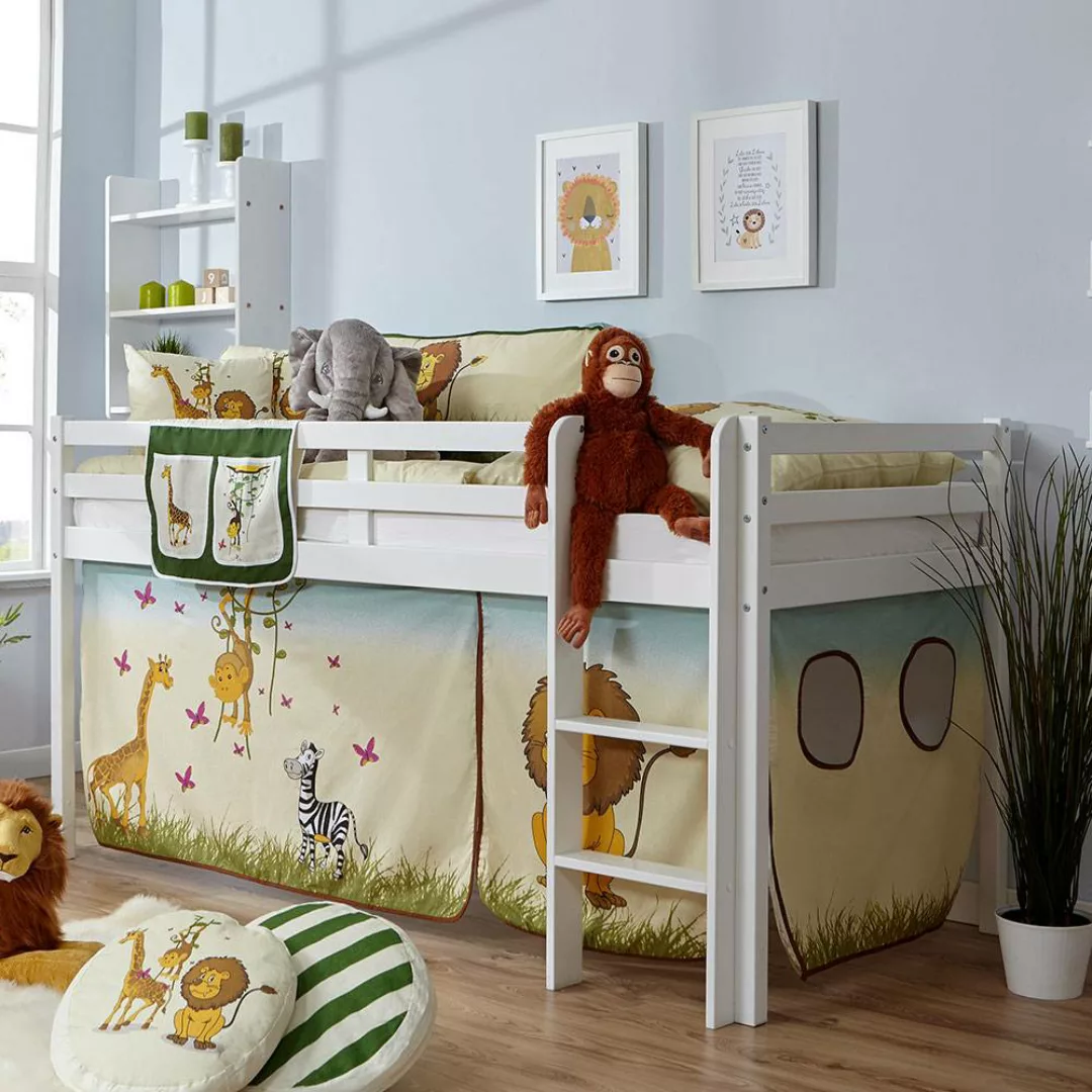 Kinderzimmer Bett aus Buche Massivholz in Weiß Zootier Motiv günstig online kaufen