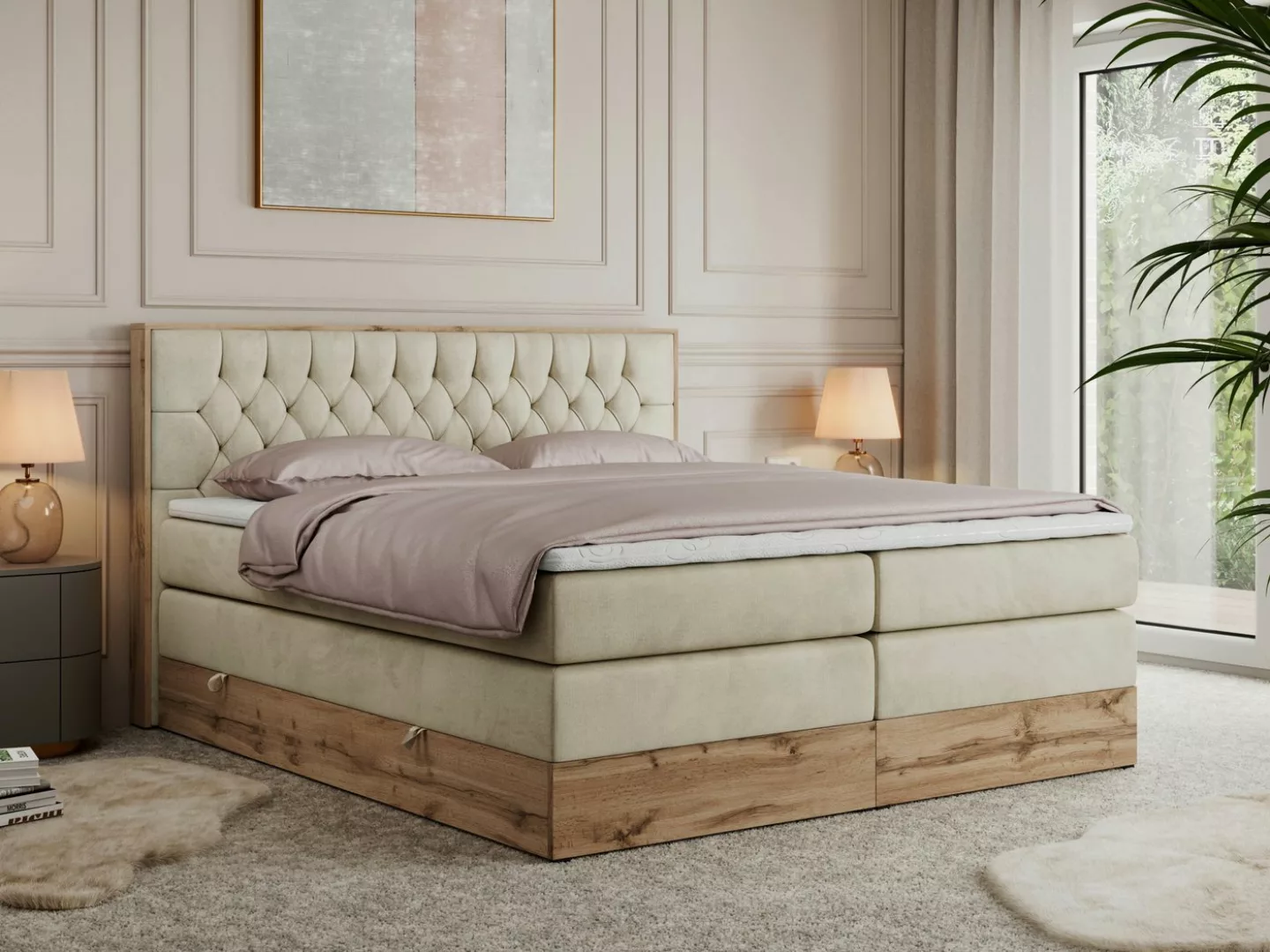 MKS MÖBEL Boxspringbett AMORE KING (Set, Holzrahmen in Eiche-Optik, Topper günstig online kaufen