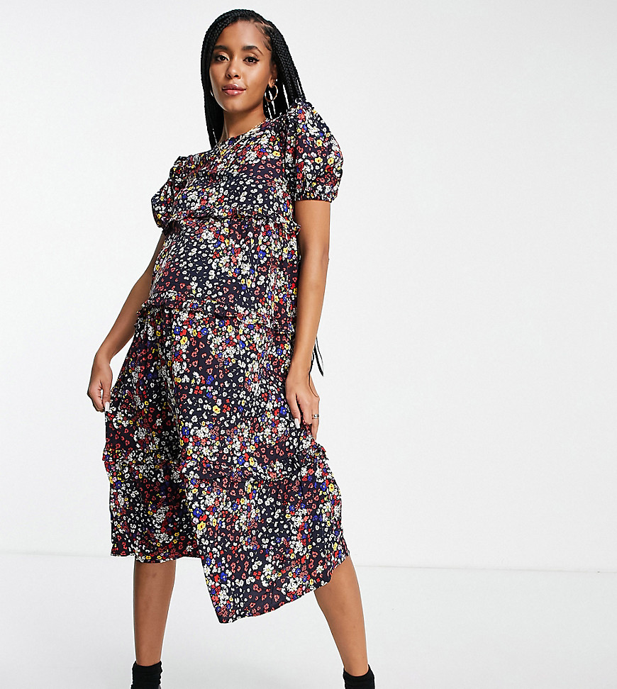 Influence Maternity – Midikleid mit Rüschendetail und dunklem Blumenmuster- günstig online kaufen