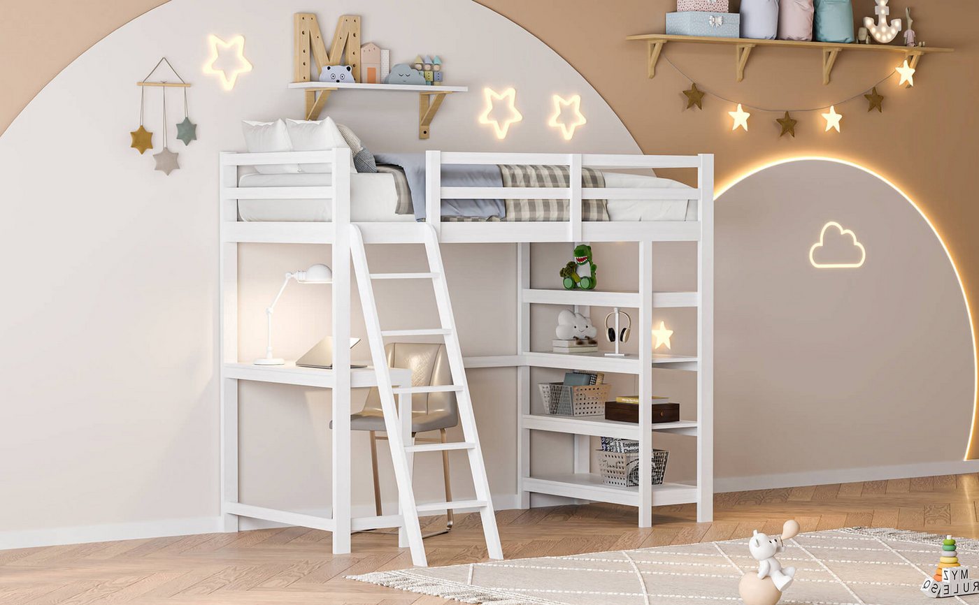 Furnishings Home Hochbett Weißes Holzbett mit Untertisch + Regalen + Treppe günstig online kaufen