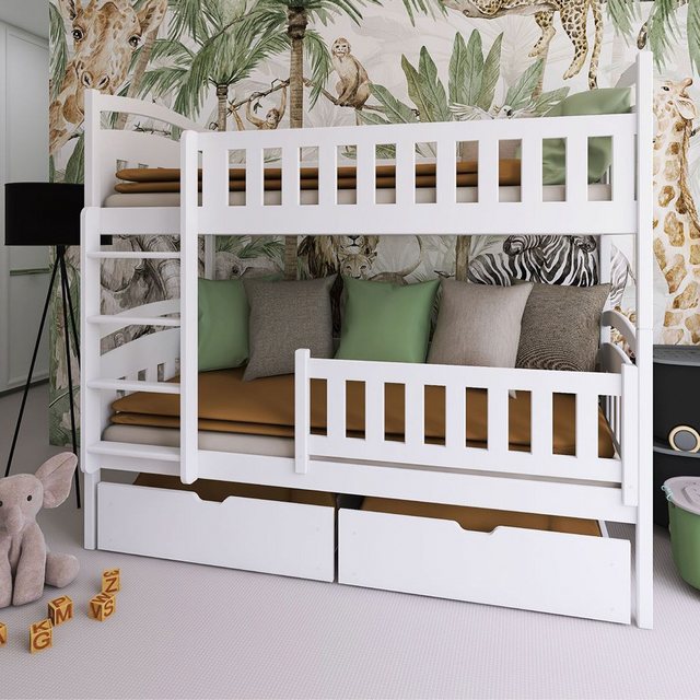 Lomadox Kinderbett KANGRU-162, Kiefer weiß, Kinderzimmer Bett mit 2 Liegefl günstig online kaufen
