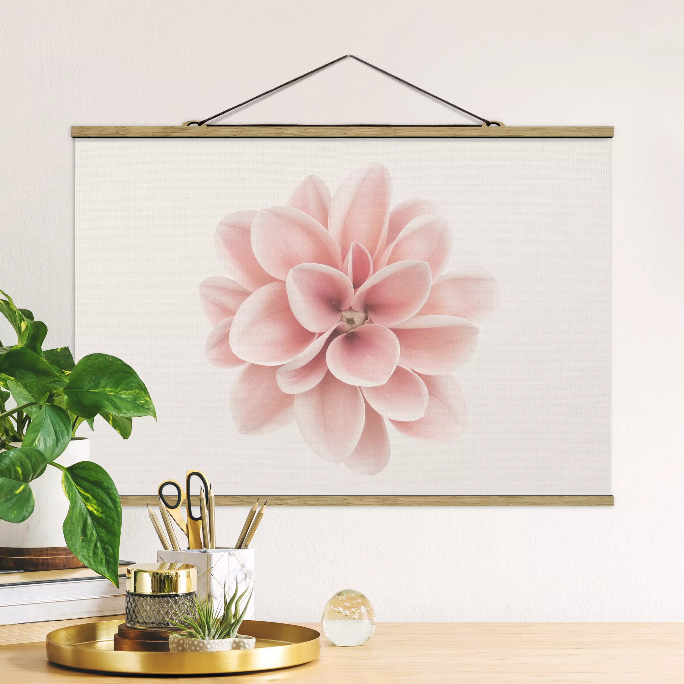 Stoffbild mit Posterleisten Dahlie Rosa Pastell Blume Zentriert günstig online kaufen