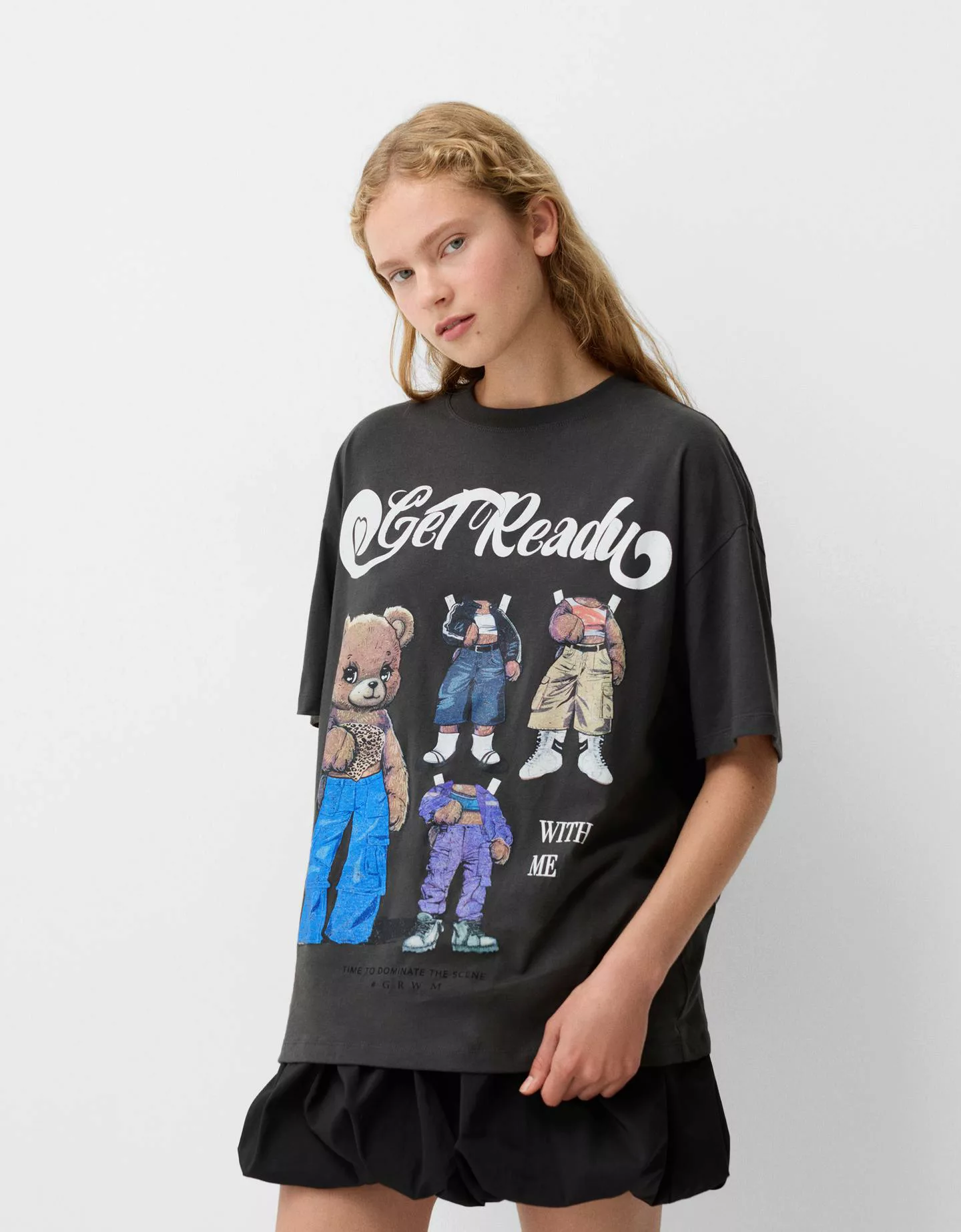 Bershka T-Shirt Oversize Print Damen L Grau günstig online kaufen