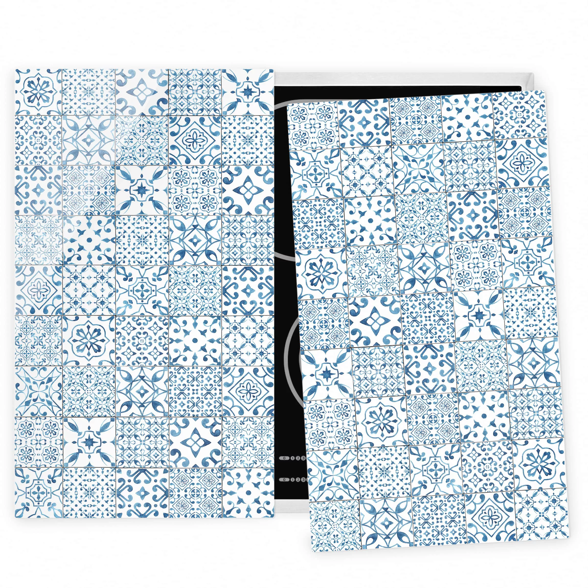 2-teilige Herdabdeckplatte Glas Fliesenoptik Musterfliesen Blau Weiß günstig online kaufen