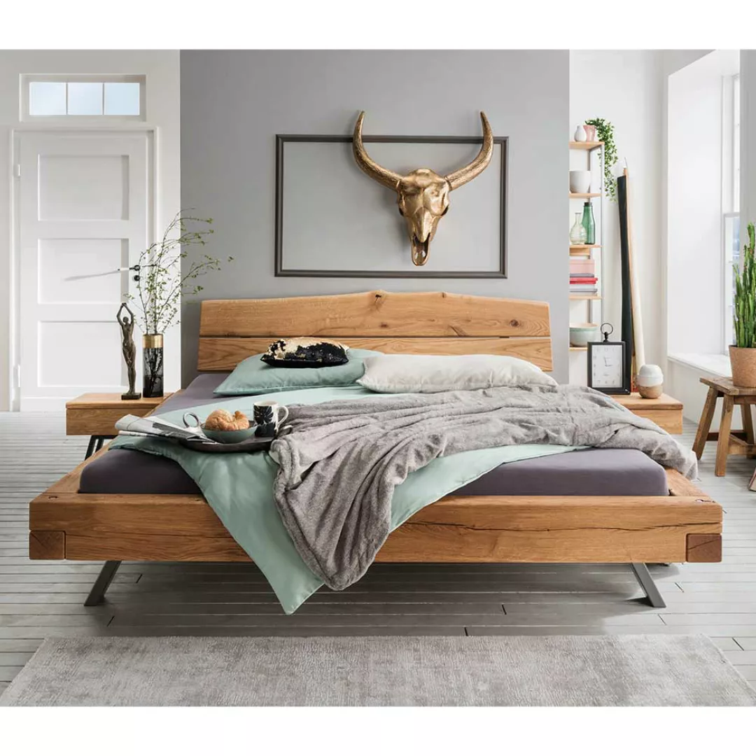 Massivholz Bett in Wildeichefarben geölt zwei Nachtkommoden (dreiteilig) günstig online kaufen