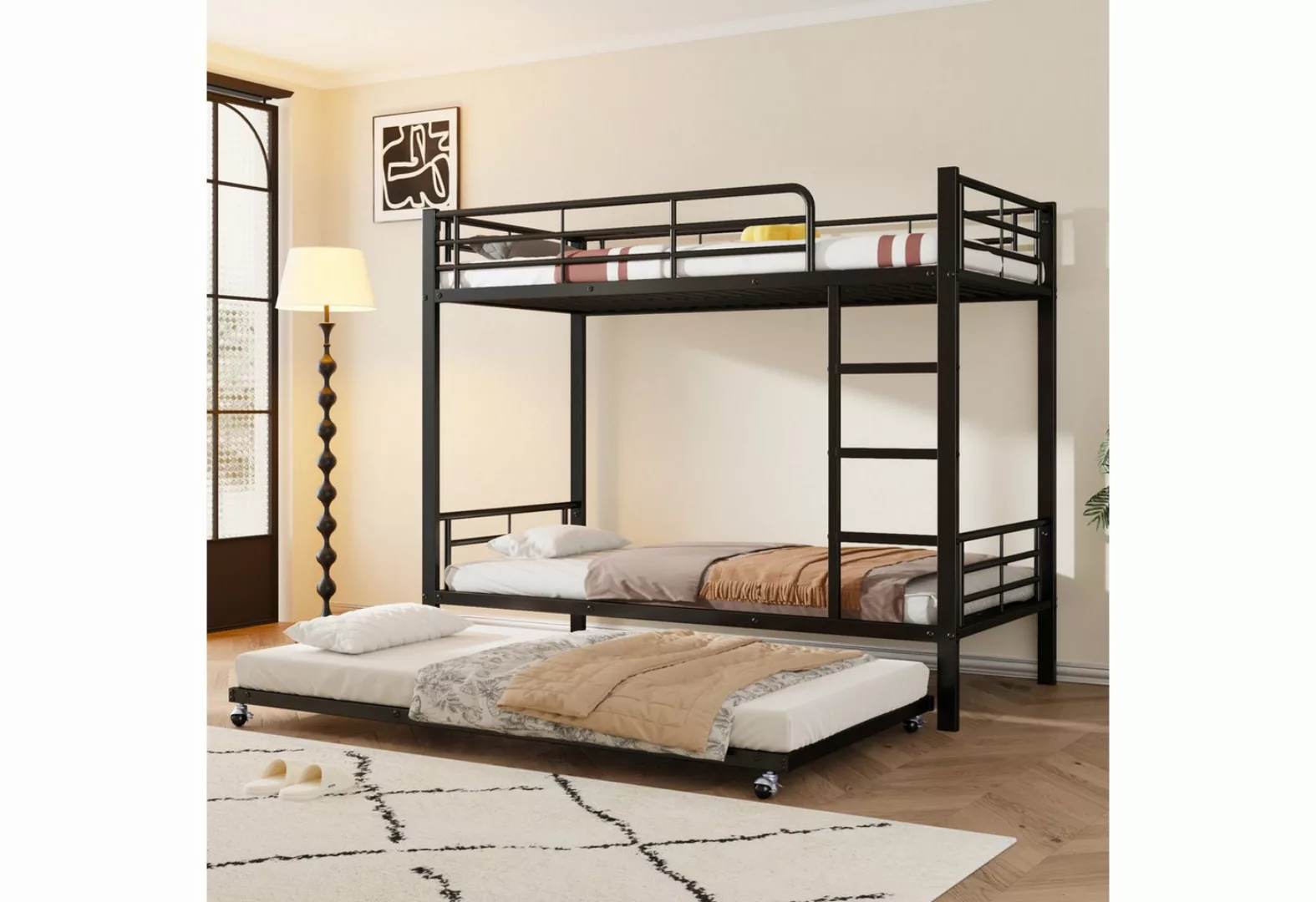 MODFU Etagenbett mit Ausziehbett, vier Seitengitter am oberen Bett, Eisen ( günstig online kaufen