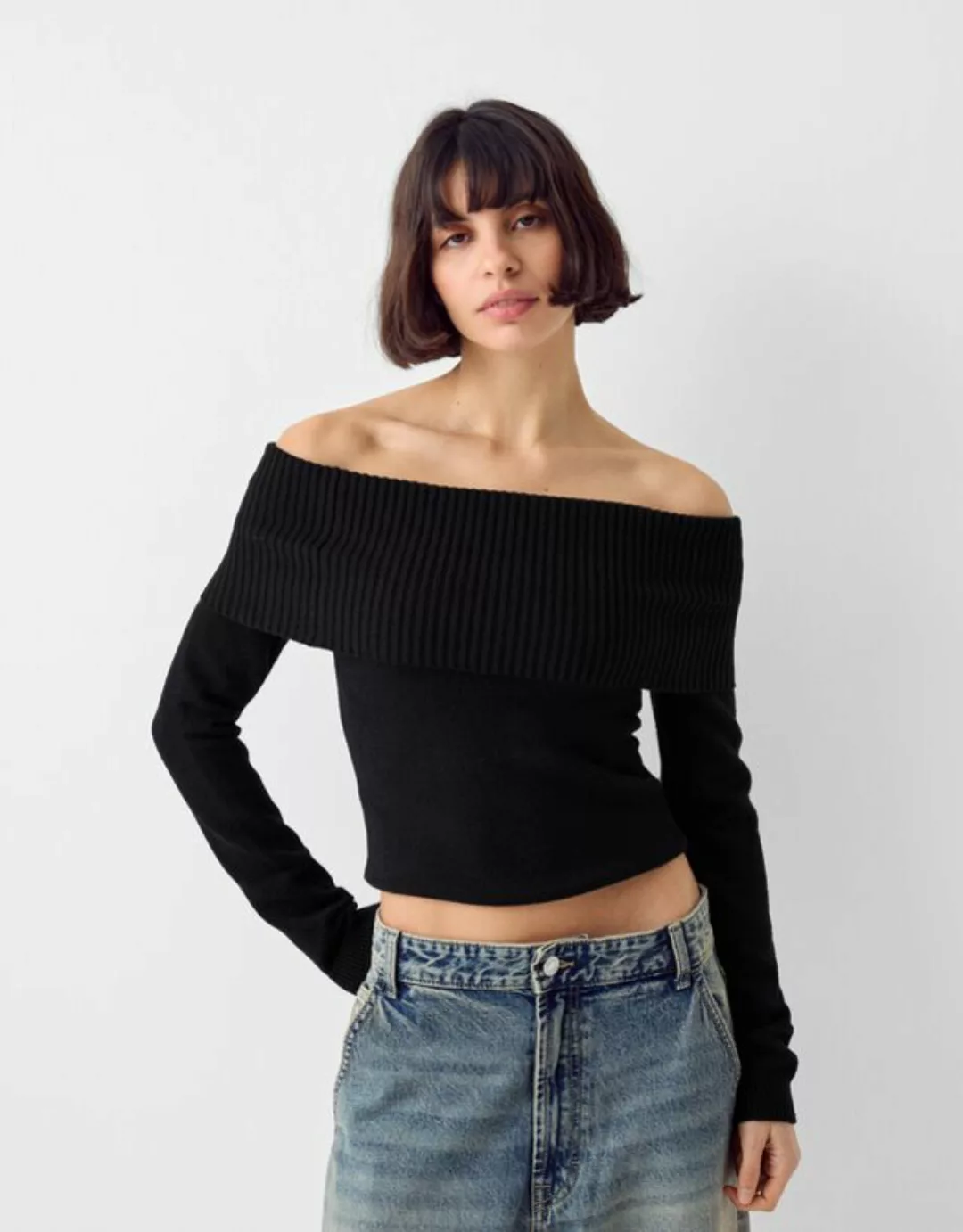 Bershka Pullover Mit Carmen-Ausschnitt Damen Xs Schwarz günstig online kaufen